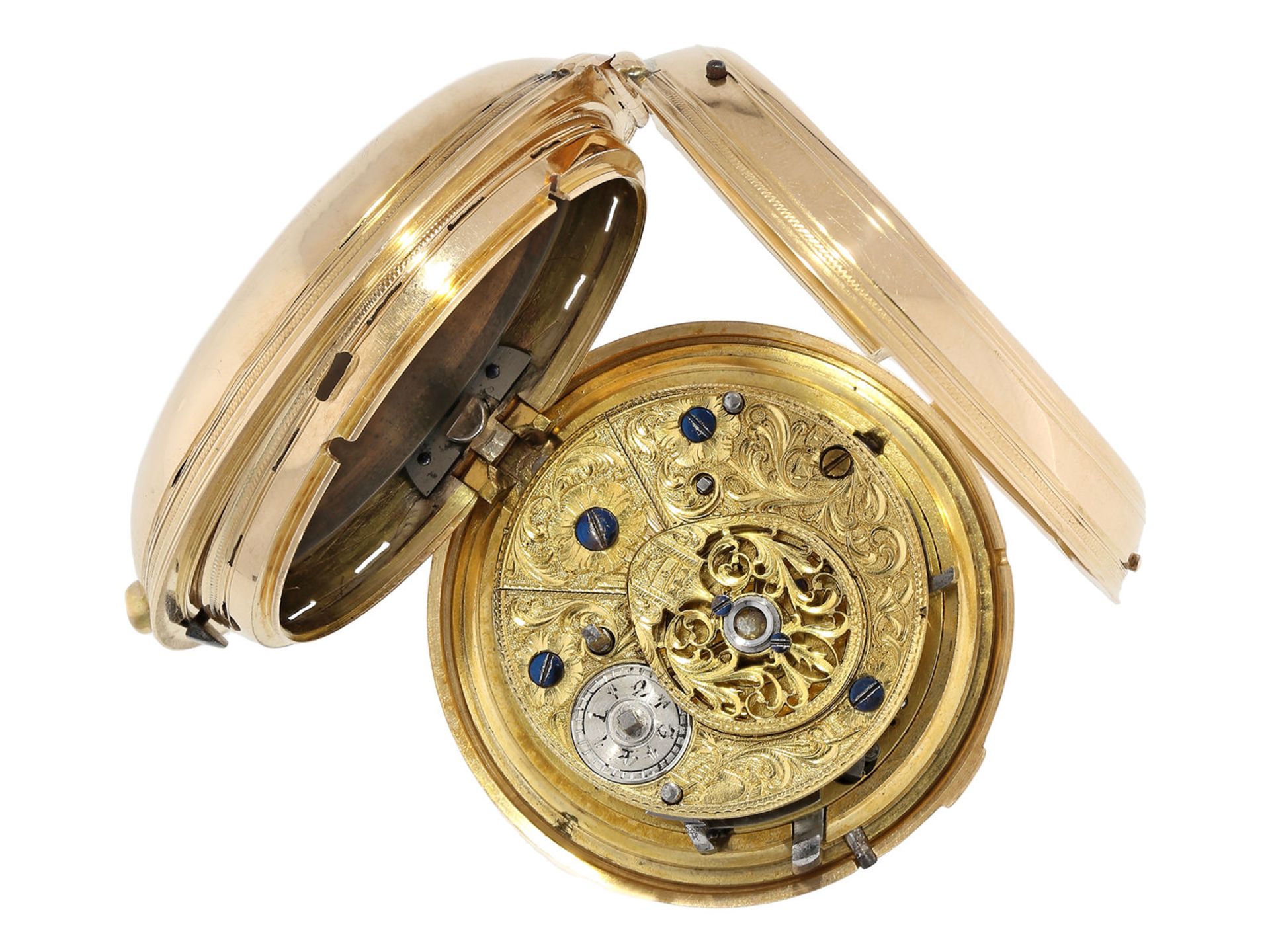 Taschenuhr: schwere goldene Doppelgehäuse-Spindeluhr mit Repetition auf Glocke, Freres Bordier a Gen - Bild 2 aus 4