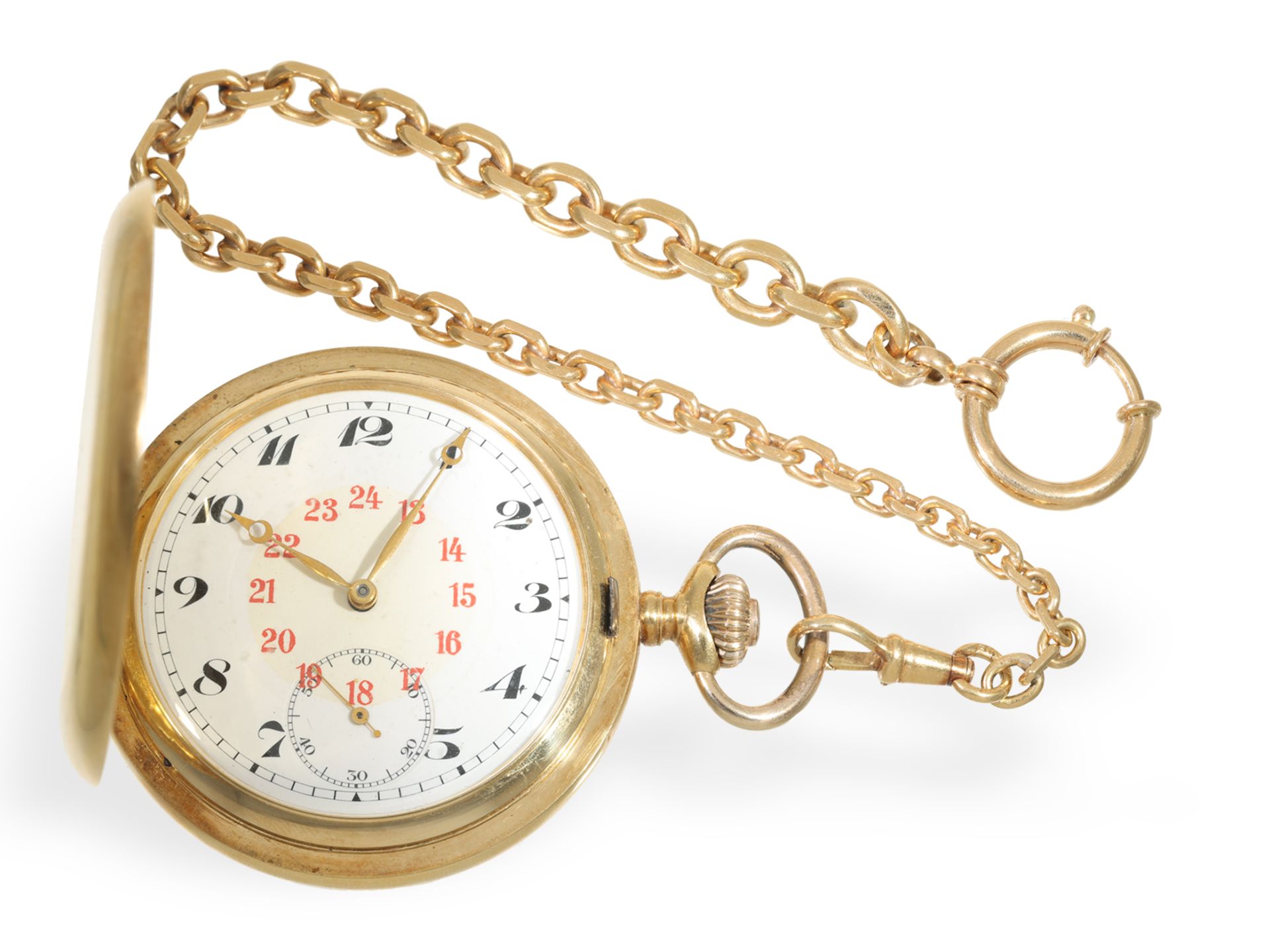 Pocket watch: fine gold hunting case watch with precision movement and gold watch chain, Record Watc