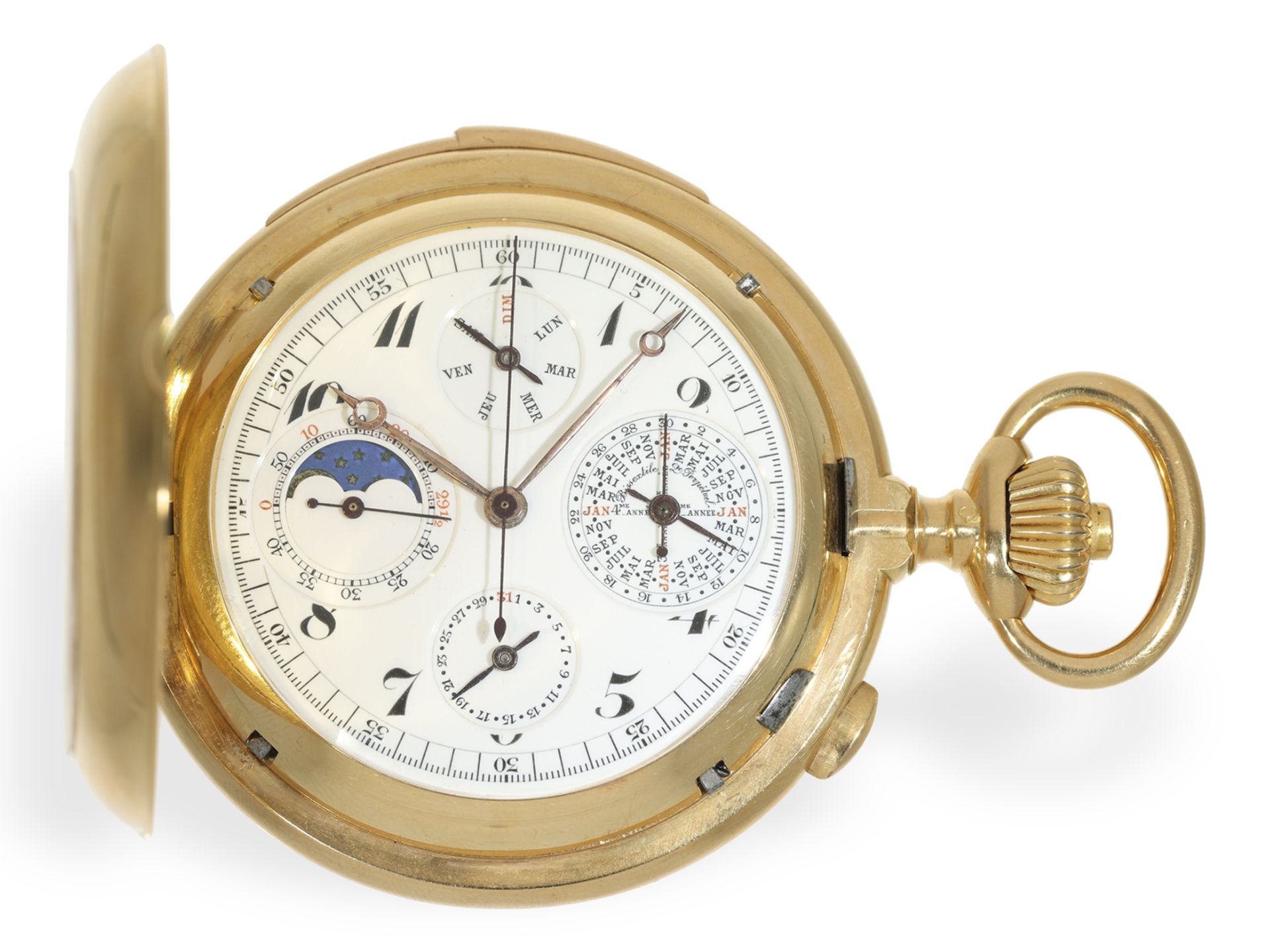 Pocket watch: heavy astronomical gold hunting case watch with 8 complications, C.Barbezat-Baillot, L