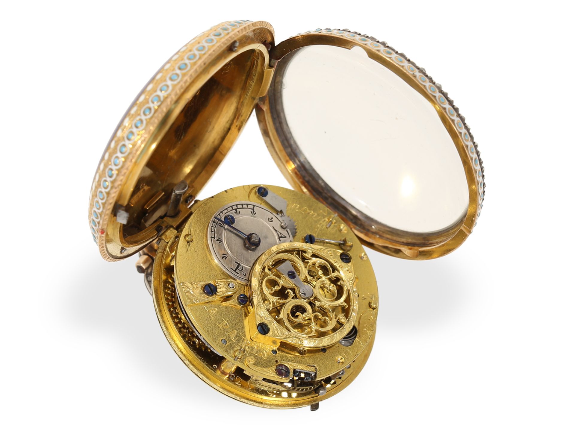 Taschenuhr: museale Gold/Emaille Spindeluhr mit Repetition und Chatelaine, königl. Uhrmacher Grignon - Bild 8 aus 8