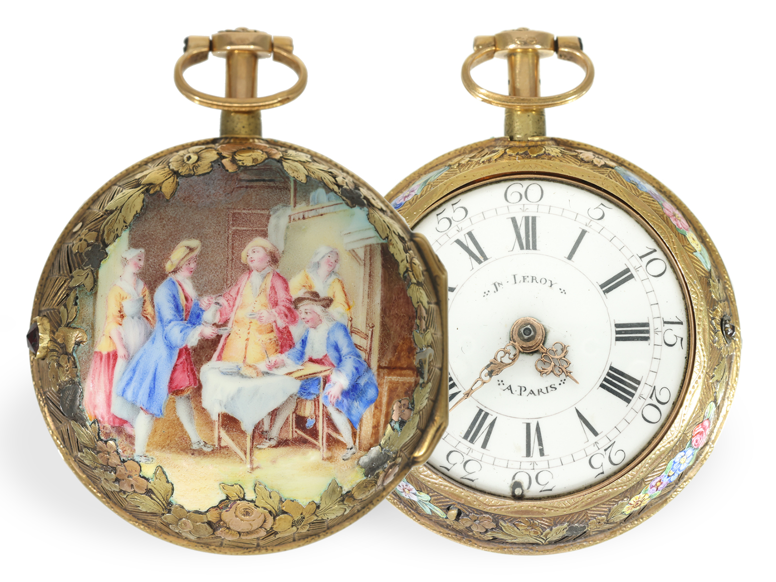 Pocket watch: extremely rare rococo 4-colour gold verge watch with painting and strike on bell, ca. 