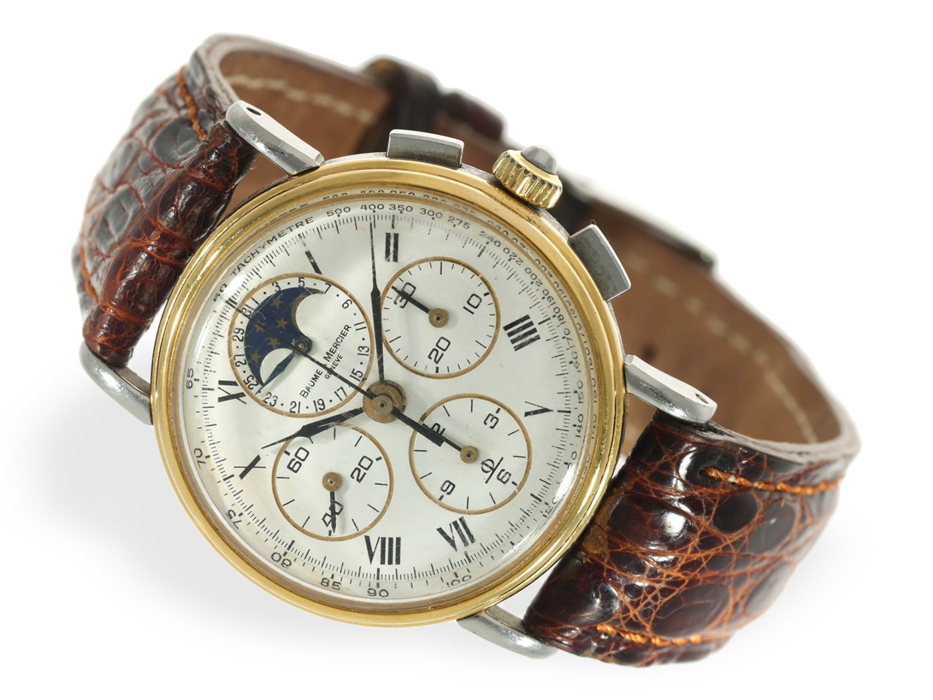 Armbanduhr: vintage Baume Mercier Geneve, Chronograph mit Mondphase, Originalbox - Bild 2 aus 6