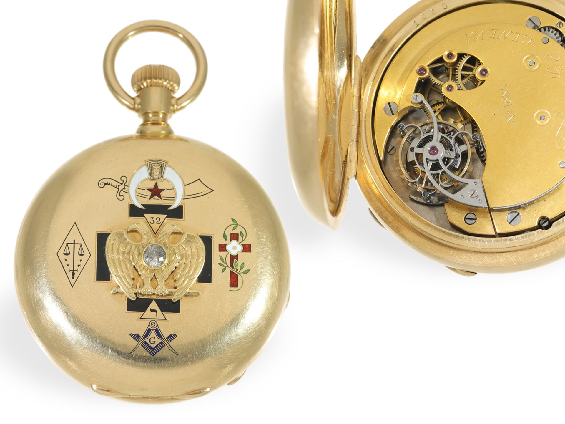 Taschenuhr: einzigartige Gold/Emaille Savonnette mit Tourbillon und ewigem Kalender, sign. Tiffany G - Bild 2 aus 4