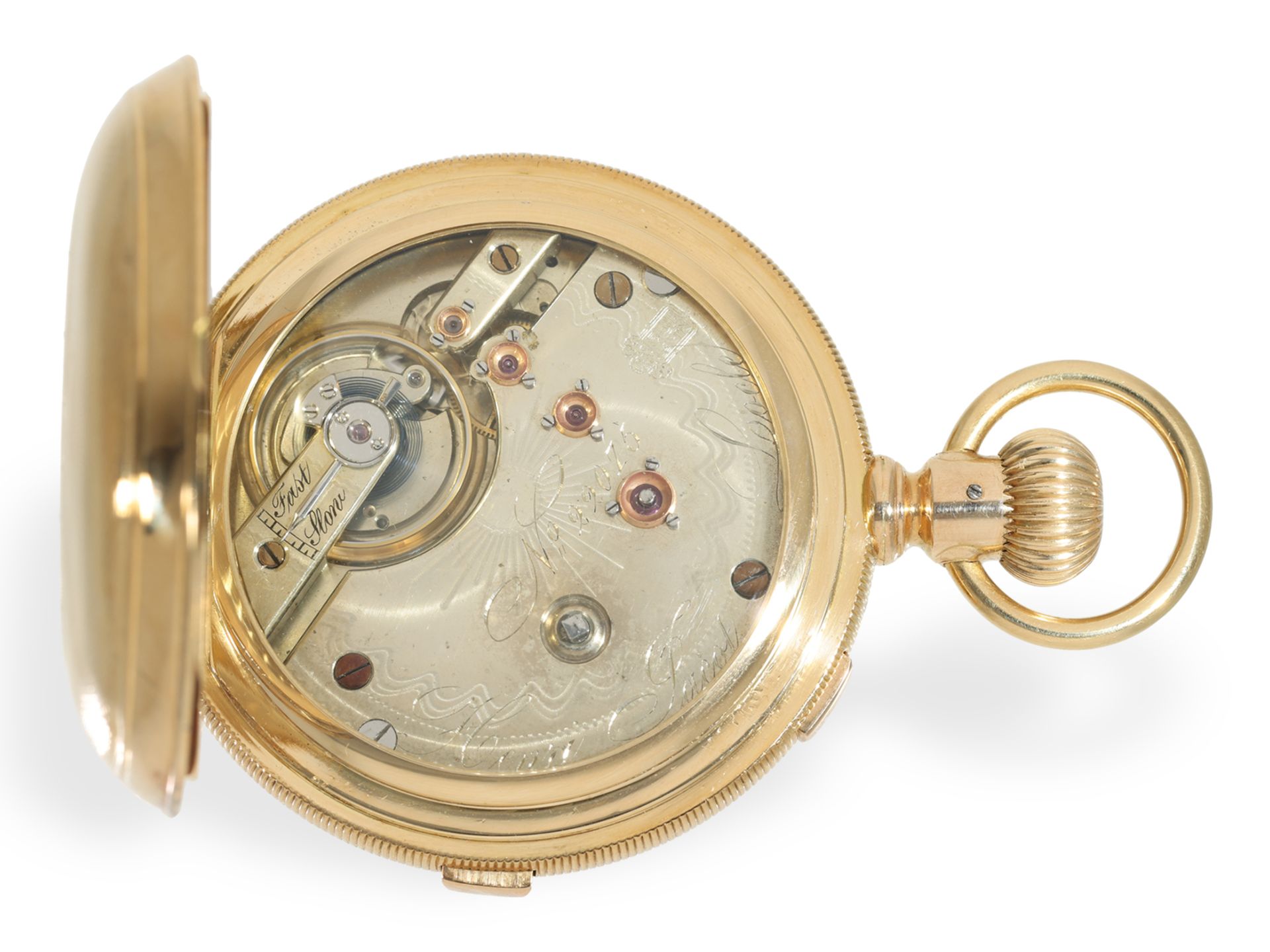 Taschenuhr: Sehr schwere Goldsavonnette mit Chronograph Rattrapante, Ankerchronometer Henry Jacot Lo - Bild 2 aus 8