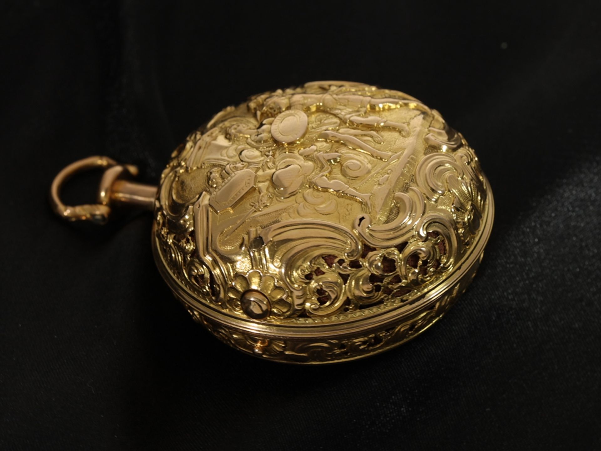 Important, museum-quality gold/enamel repoussé pocket watch with half-quarter repeater, A. Benson Lo - Image 14 of 15