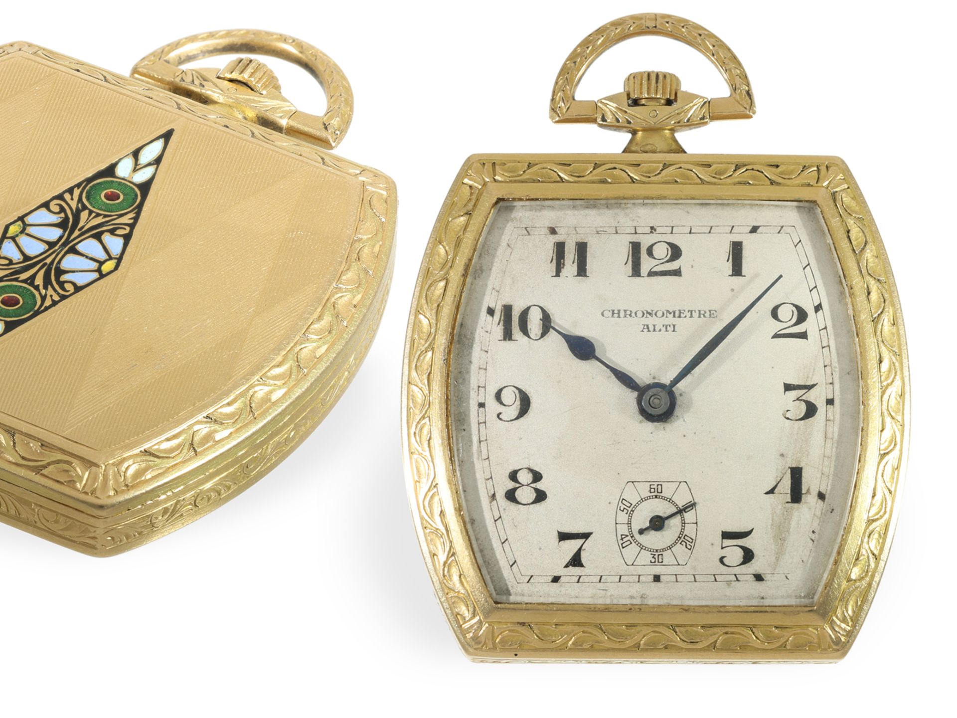 Taschenuhr: äußerst seltene Art Deco Gold/Emaille Frackuhr in Chronometerqualität , ca. 1925