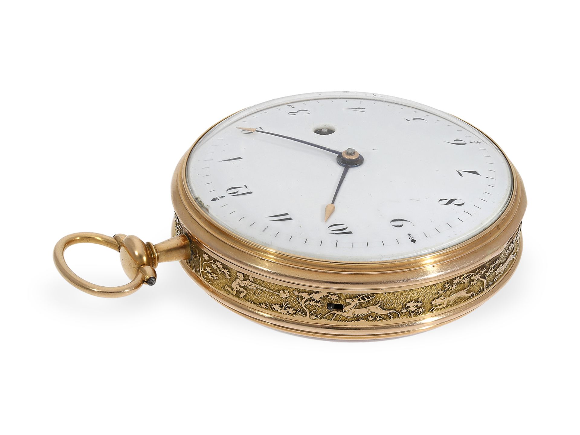 Taschenuhr: große, einzigartige Gold/Emaille-Taschenuhr mit Musikspielwerk, vermutlich Genf um 1800 - Bild 4 aus 9