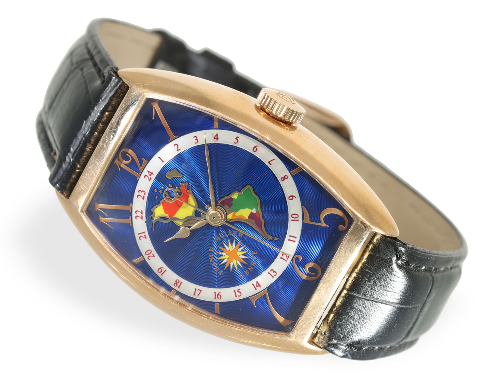 Armbanduhr: Äußerst seltenes Chronometer, Franck Muller Cloisonne "Americas" GMT Ref. 5850 WW, 18K R