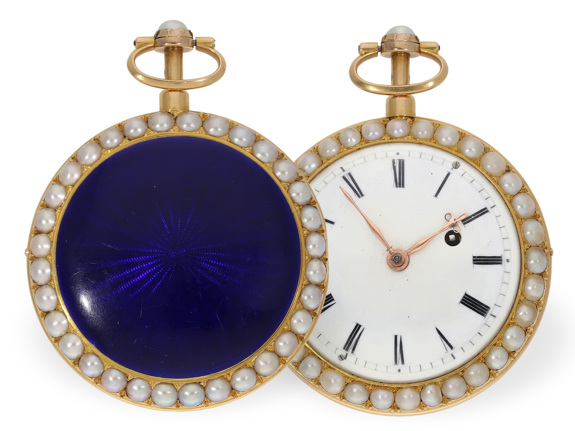 Pocket watch: very fine gold/enamel verge watch set with Oriental pearls and repeater, ca. 1800