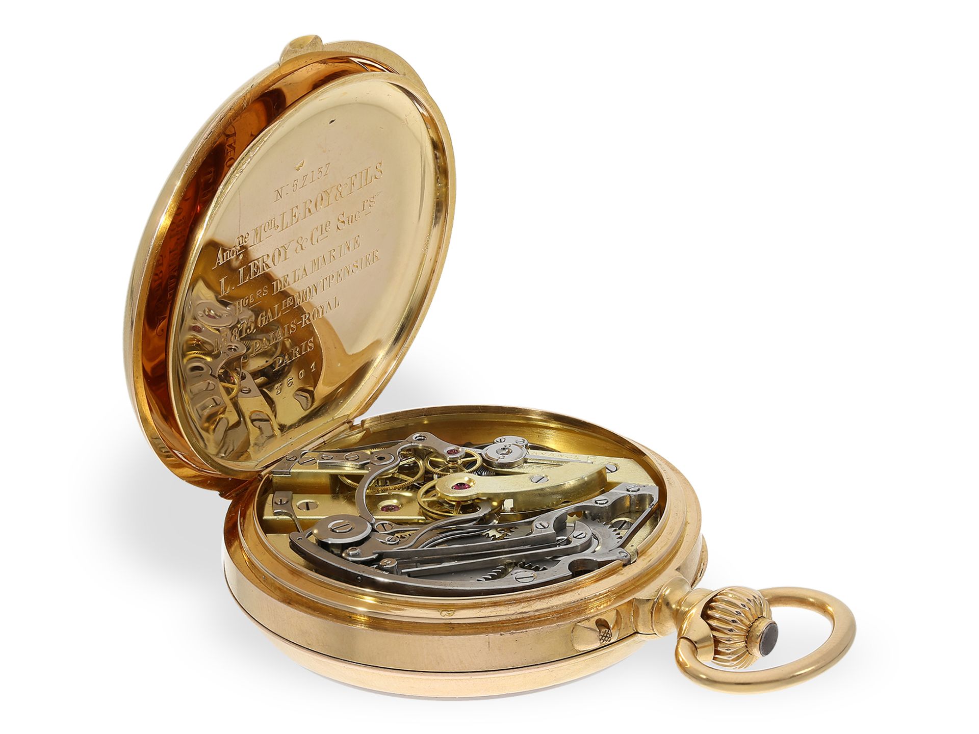 Taschenuhr: Bedeutendes Le Roy Chronometer mit Chronograph und zentralem Zähler, No.57137-3601, ca.1 - Bild 4 aus 6
