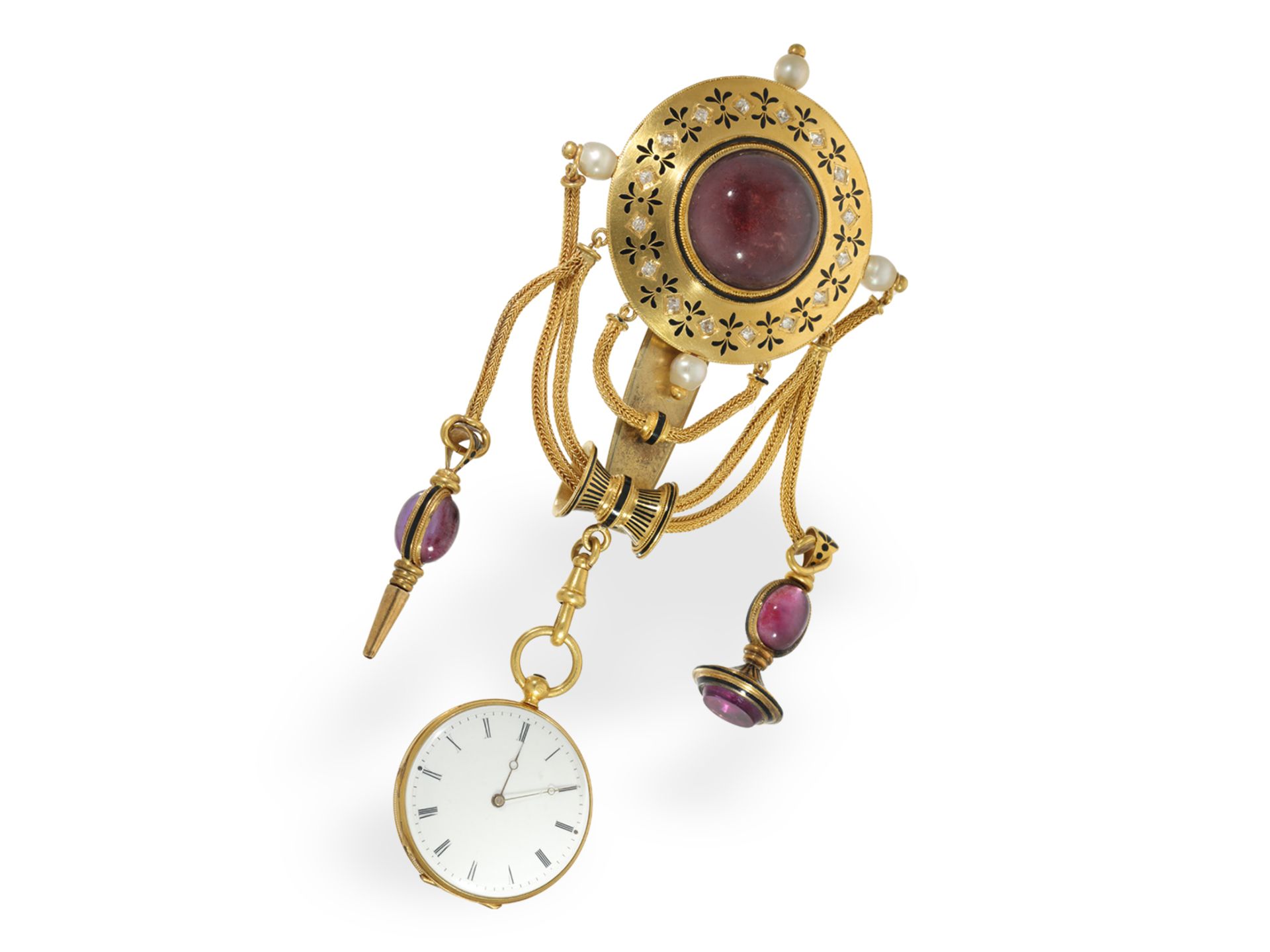 Pendant watch: extremely rare gold/enamel chatelaine watch "Etruscan Revival", Mellerio dits Meller  - Image 2 of 7