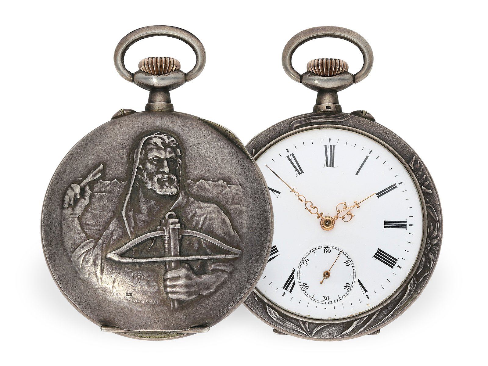 Pocket watch: decorative Swiss marksman's watch with relief case, Huguenin ca. 1905