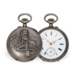 Pocket watch: decorative Swiss marksman's watch with relief case, Huguenin ca. 1905