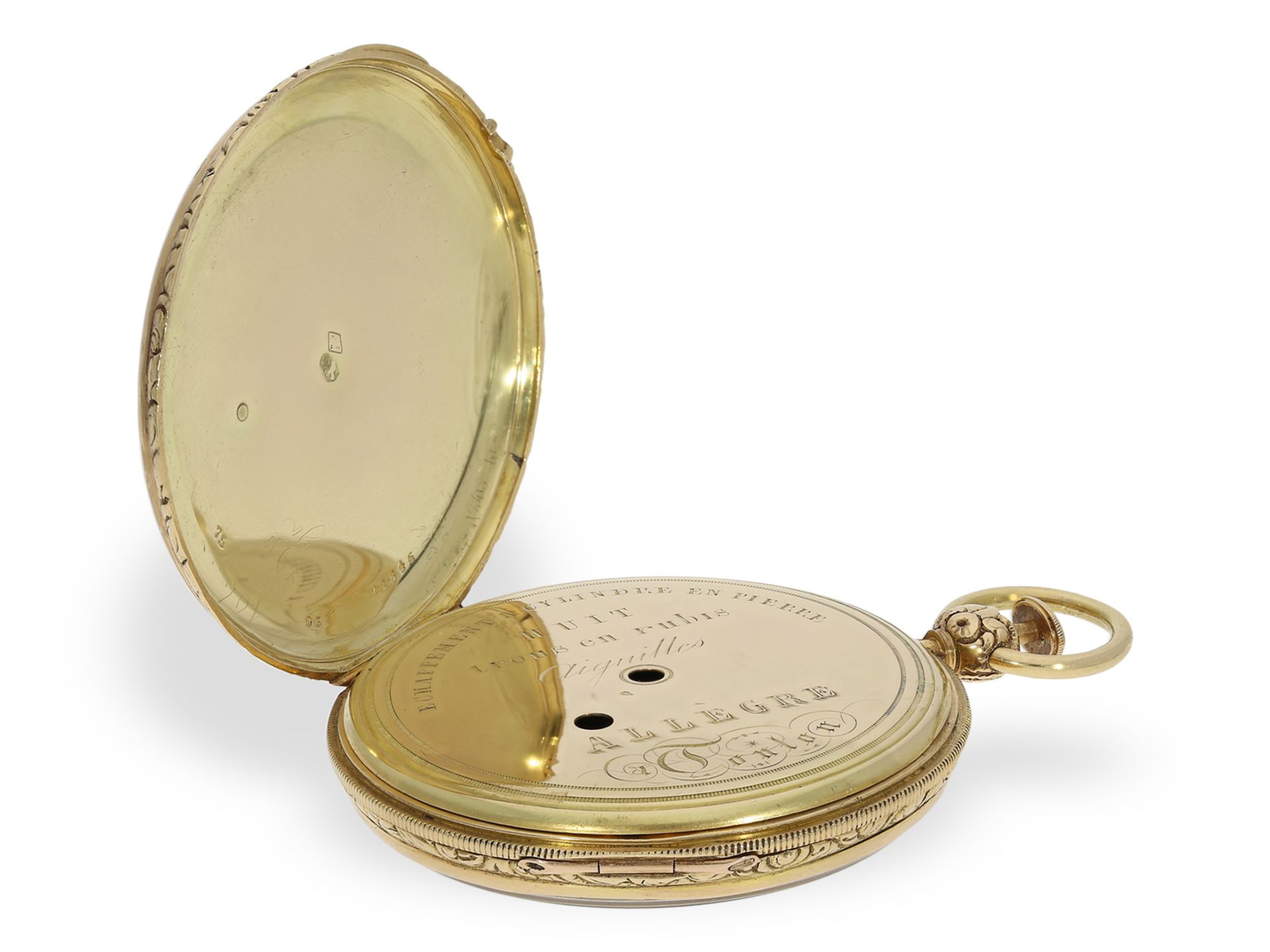 Pocket watch: important enamel watch with erotic scene, repeater and ruby cylinder escapement, Alleg - Image 6 of 7