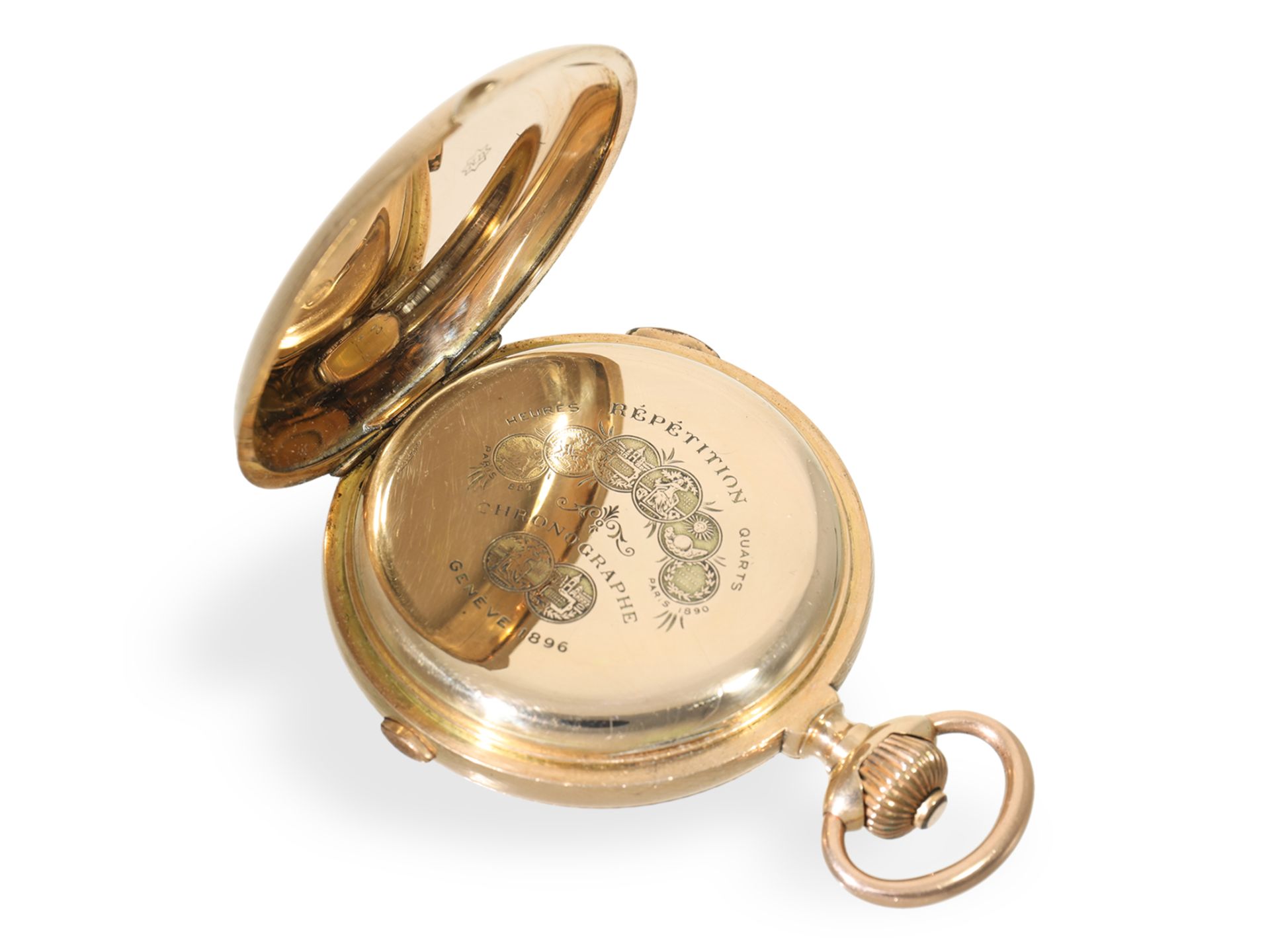 Taschenuhr: beeindruckende Goldsavonnette (62mm/180g) mit Chronograph und Repetition, um 1900 - Bild 6 aus 6