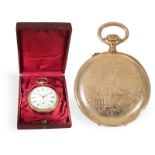 Taschenuhr: interessante, goldene IWC Herrenuhr mit fein gravierter Szene, ca. 1895