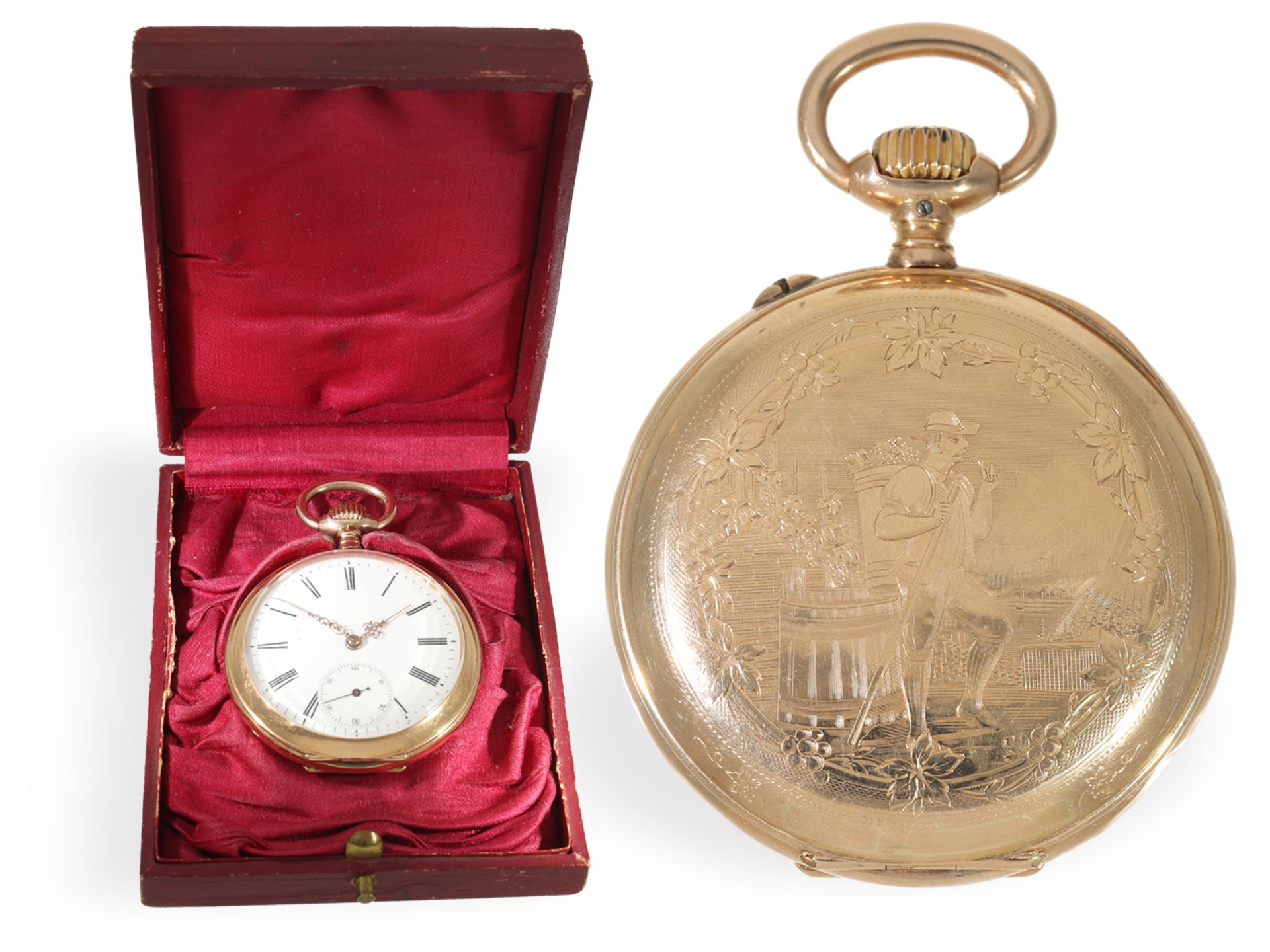 Taschenuhr: interessante, goldene IWC Herrenuhr mit fein gravierter Szene, ca. 1895