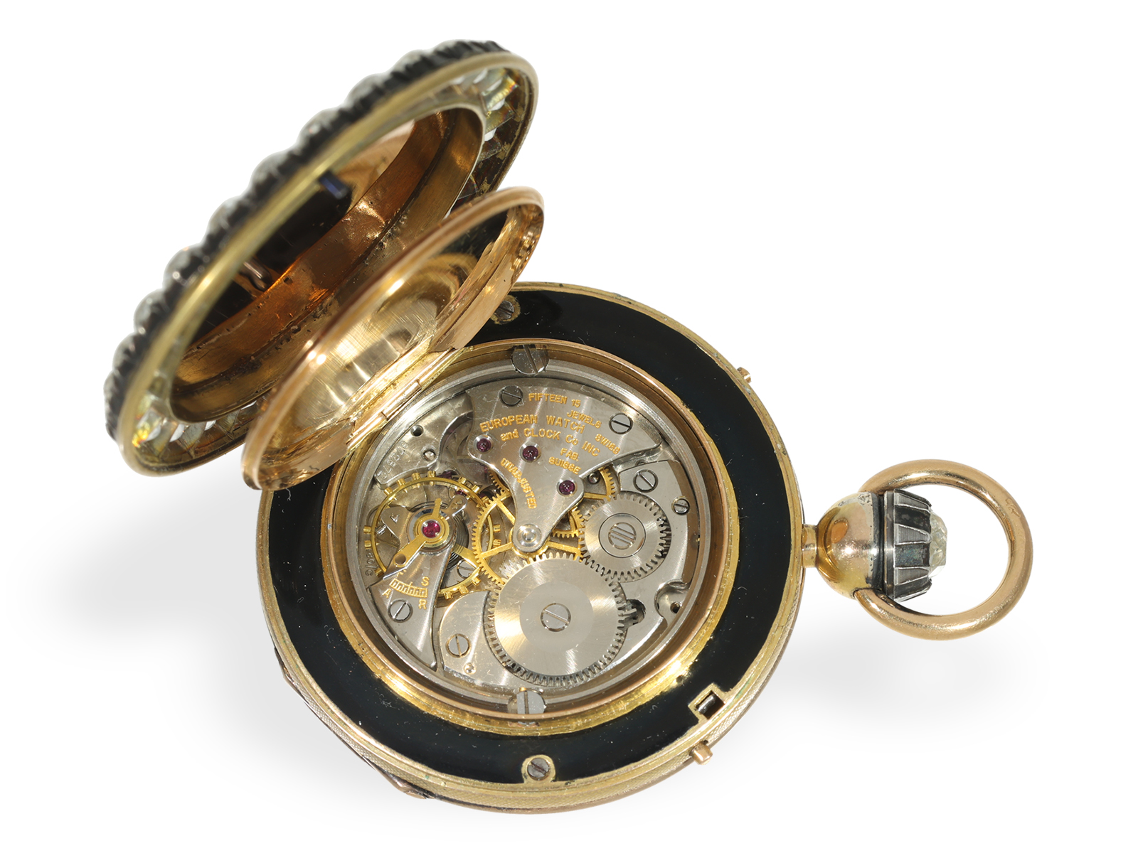 Pocket watch: unique, gold/enamel hunting case watch with abundant diamond setting, probably moderni - Image 7 of 8
