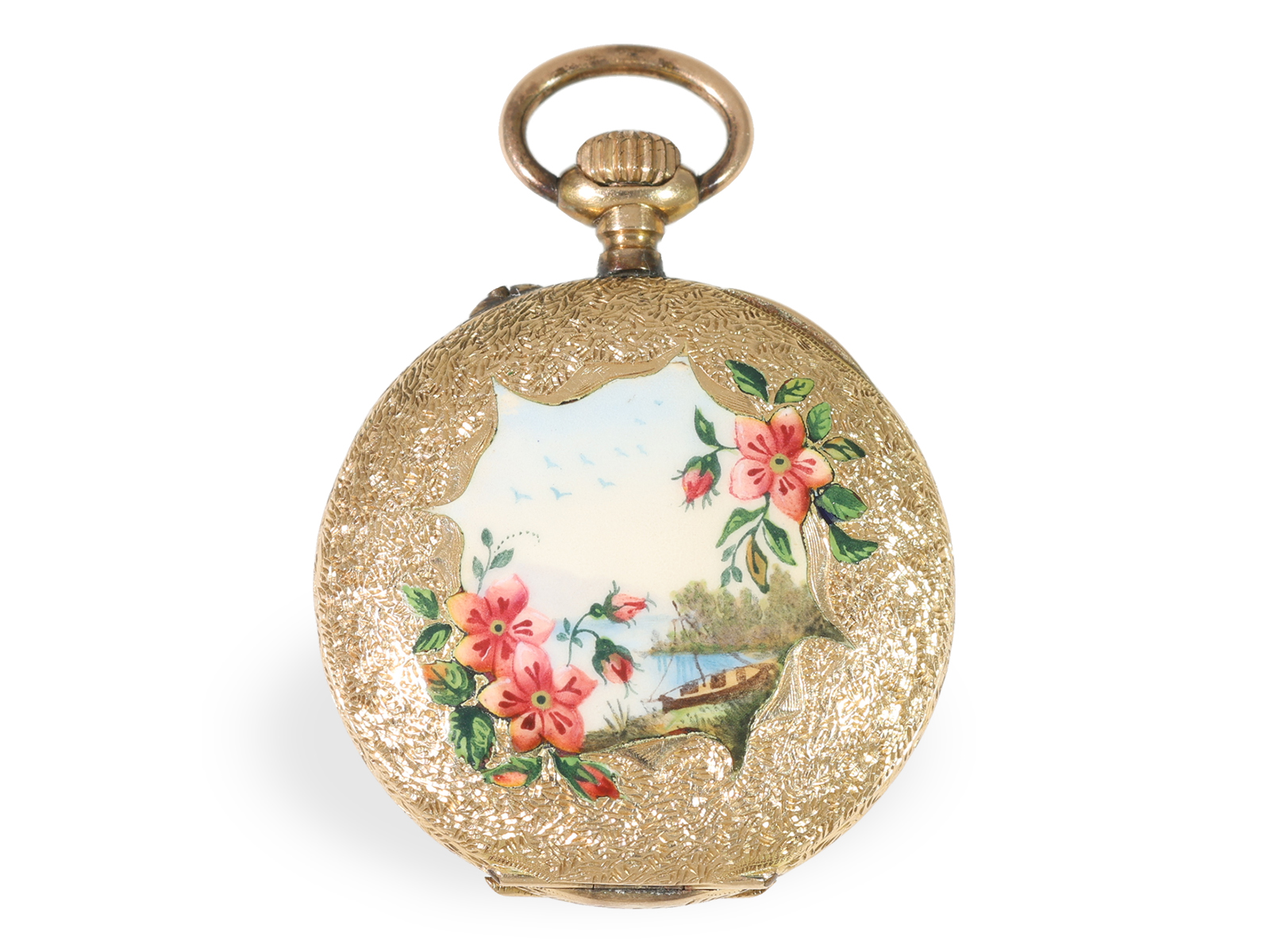 Pendant watch: extremely fine gold/enamel ladies' watch with painting and long gold chain, around 19 - Image 3 of 5