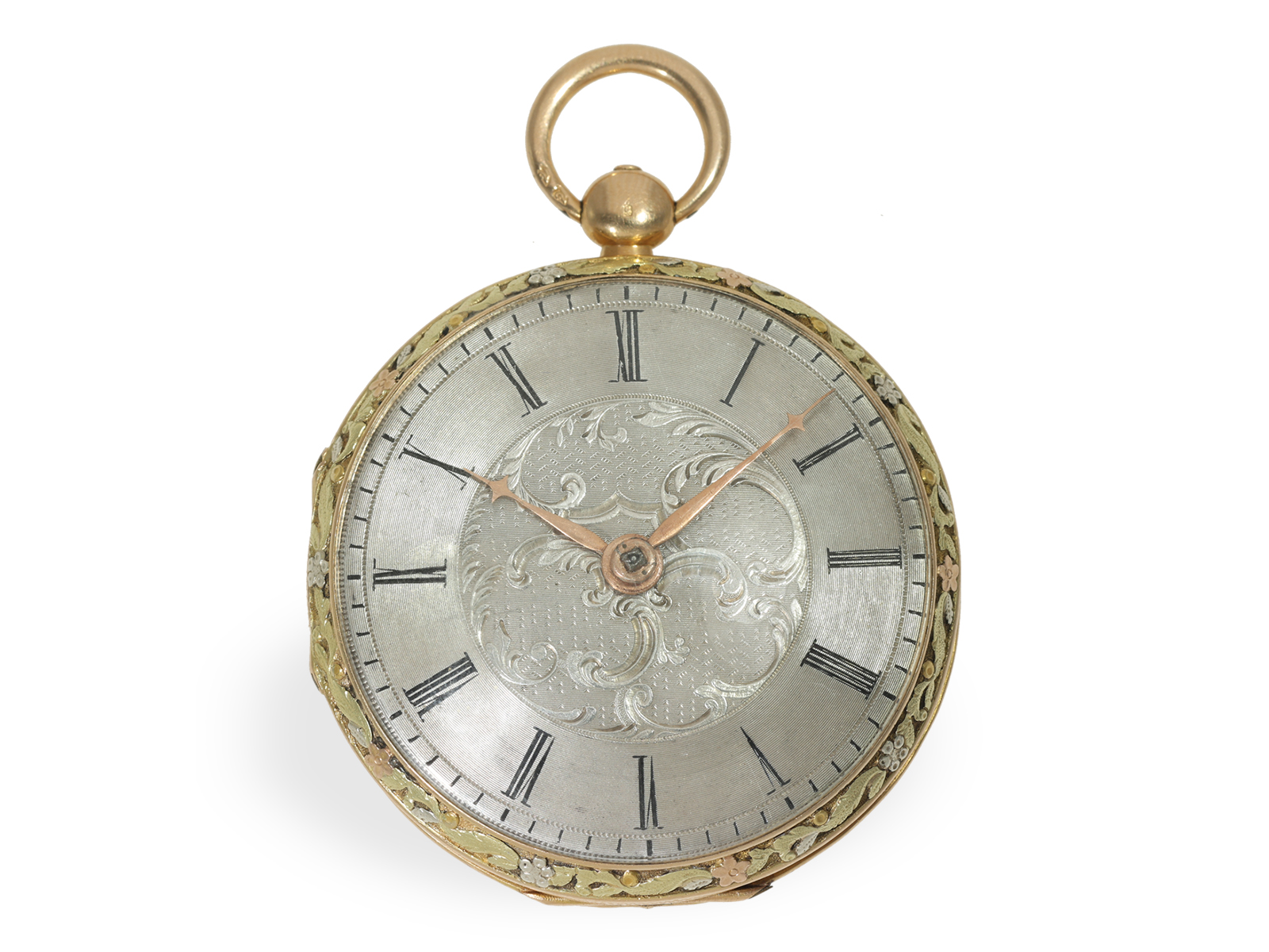 Pocket watch: exceptionally large, very fine verge watch with 4-colour gold case, ca. 1820