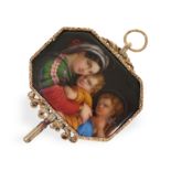 Watch key: extremely rare, large gold splendour key with enamel painting, ca. 1820