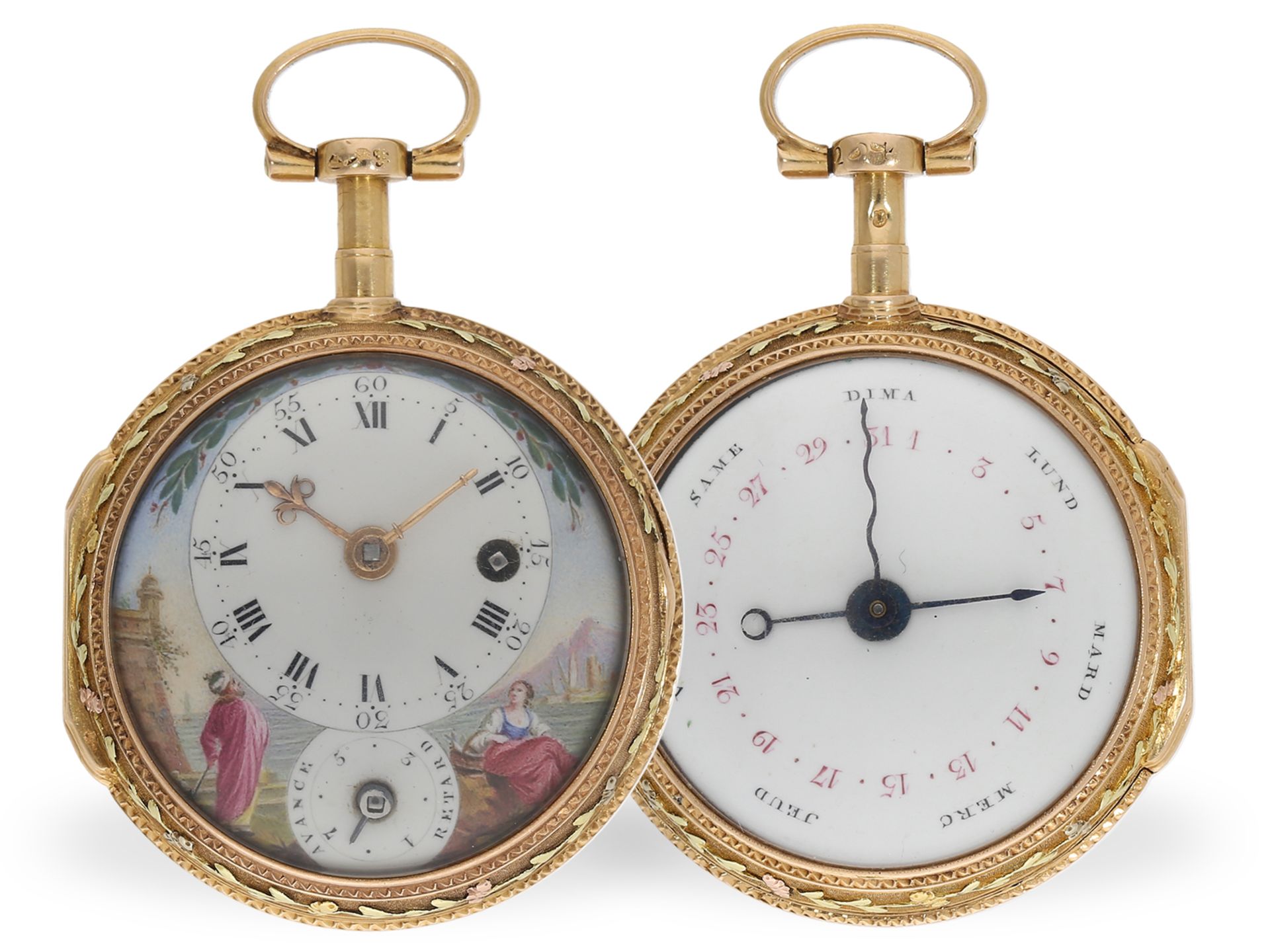 Pocket watch: rarity, double-sided verge watch with enamel painting and rare calendar, ca. 1760