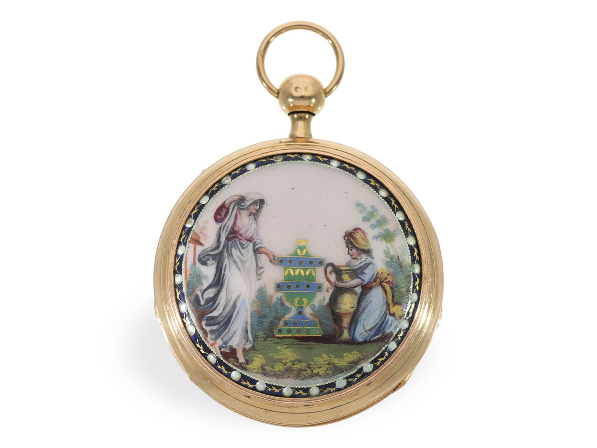 Pocket watch: large gold, skeletonised Jacquemart figure automaton with enamel painting, ca. 1810 - Image 2 of 5