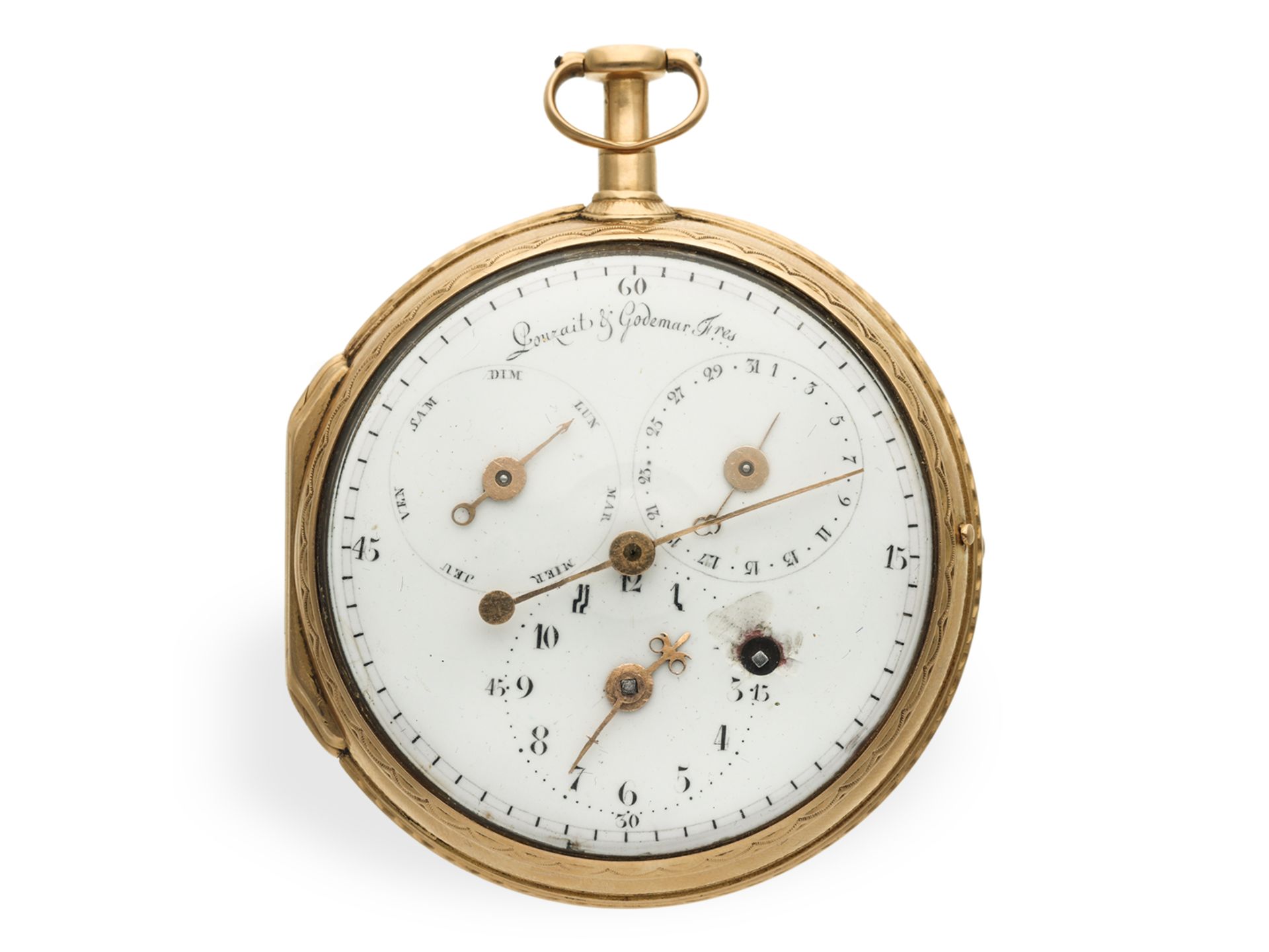 Taschenuhr: absolute Rarität, Pouzait mit springender Sekunde und Kalender, Pouzait signiert, um 179