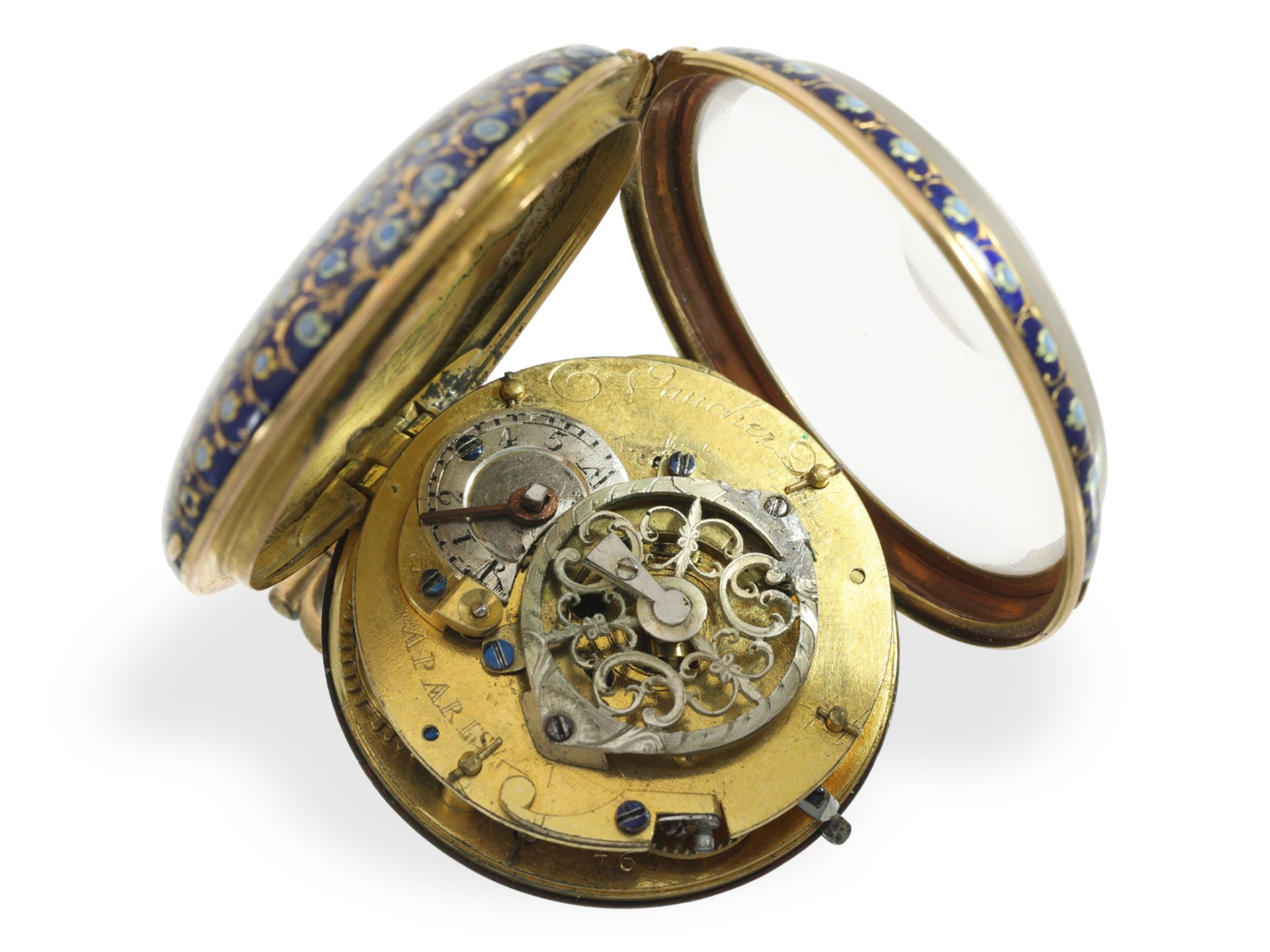 Pocket watch: fine gold/enamel verge watch with paillone enamel, Vaucher Paris around 1780 - Image 3 of 3