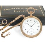 Große, rotgoldene A. Lange & Söhne Herrentaschenuhr mit Kette und Box, ca. 1915