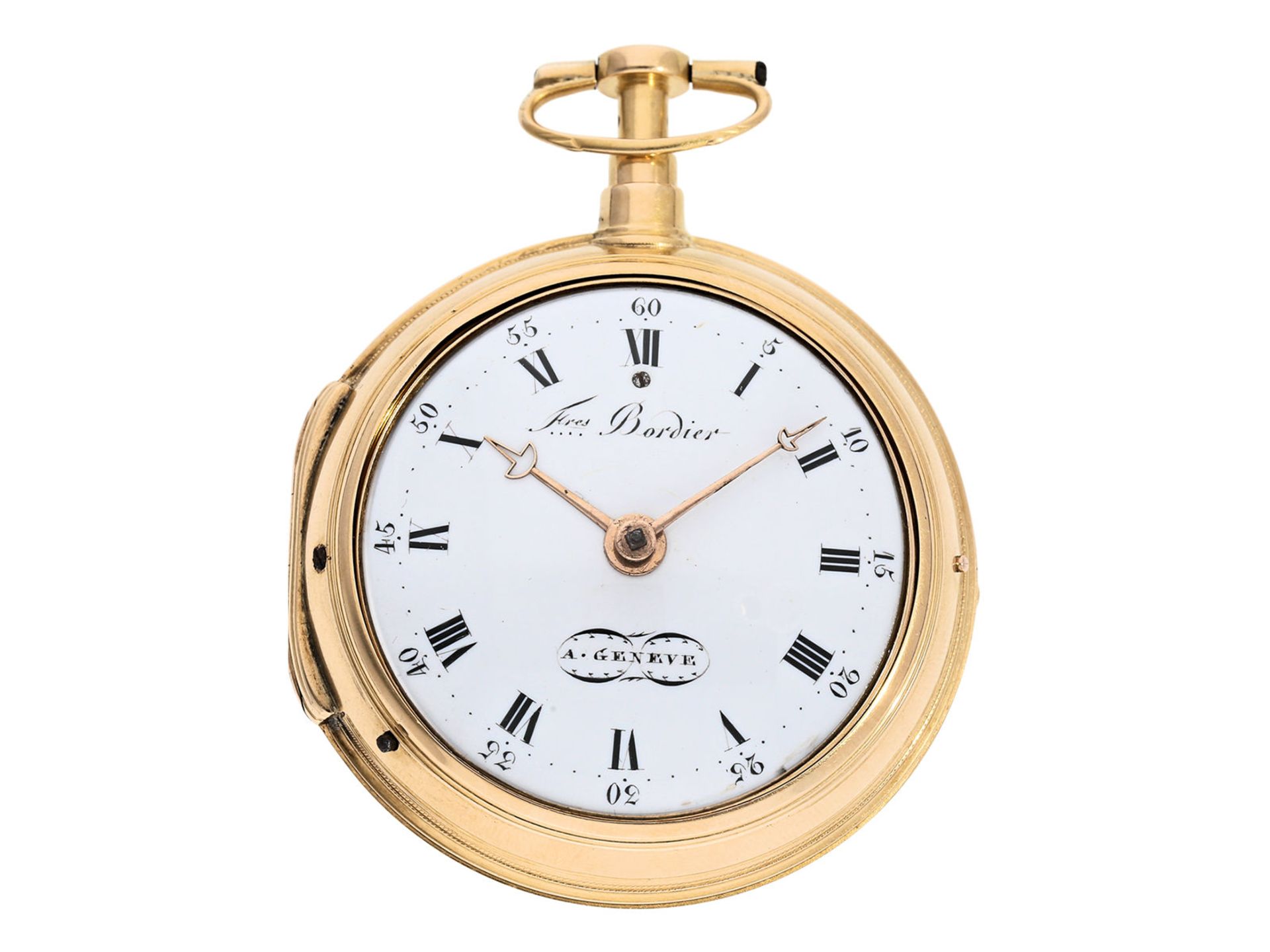 Pocket watch: heavy gold pair case verge watch repeater on bell, Freres Bordier a Geneve No.60999, G