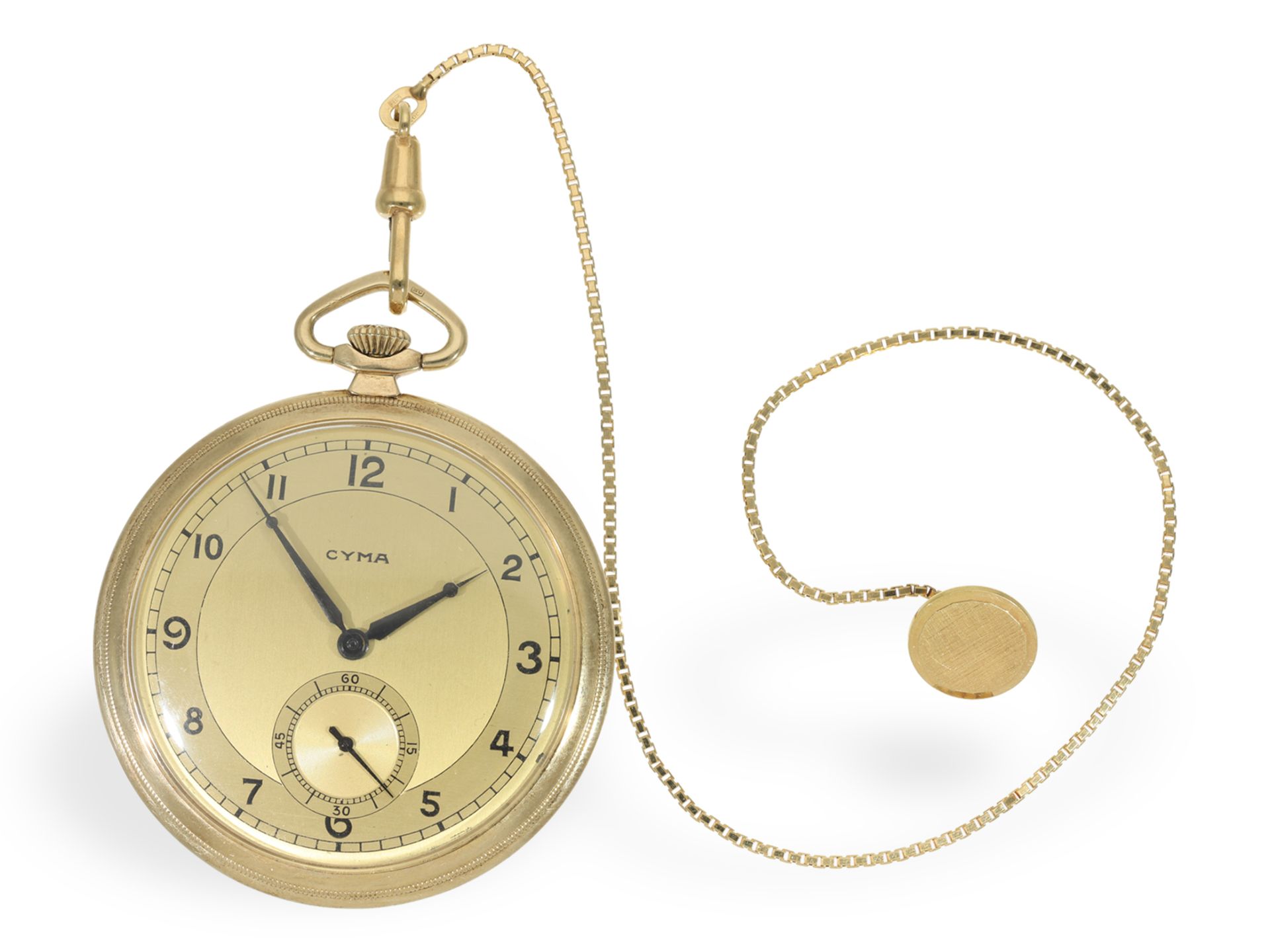 Taschenuhr: Art Deco Frackuhr im nahezu neuwertigen Zustand mit goldener Uhrenkette, um 1930 - Bild 2 aus 7