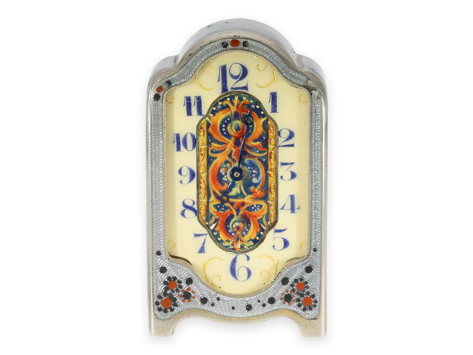 Reiseuhr: äußerst seltene Jugendstil-Miniatur-Reiseuhr mit Emaille/Silber-Gehäuse und einzigartigem 