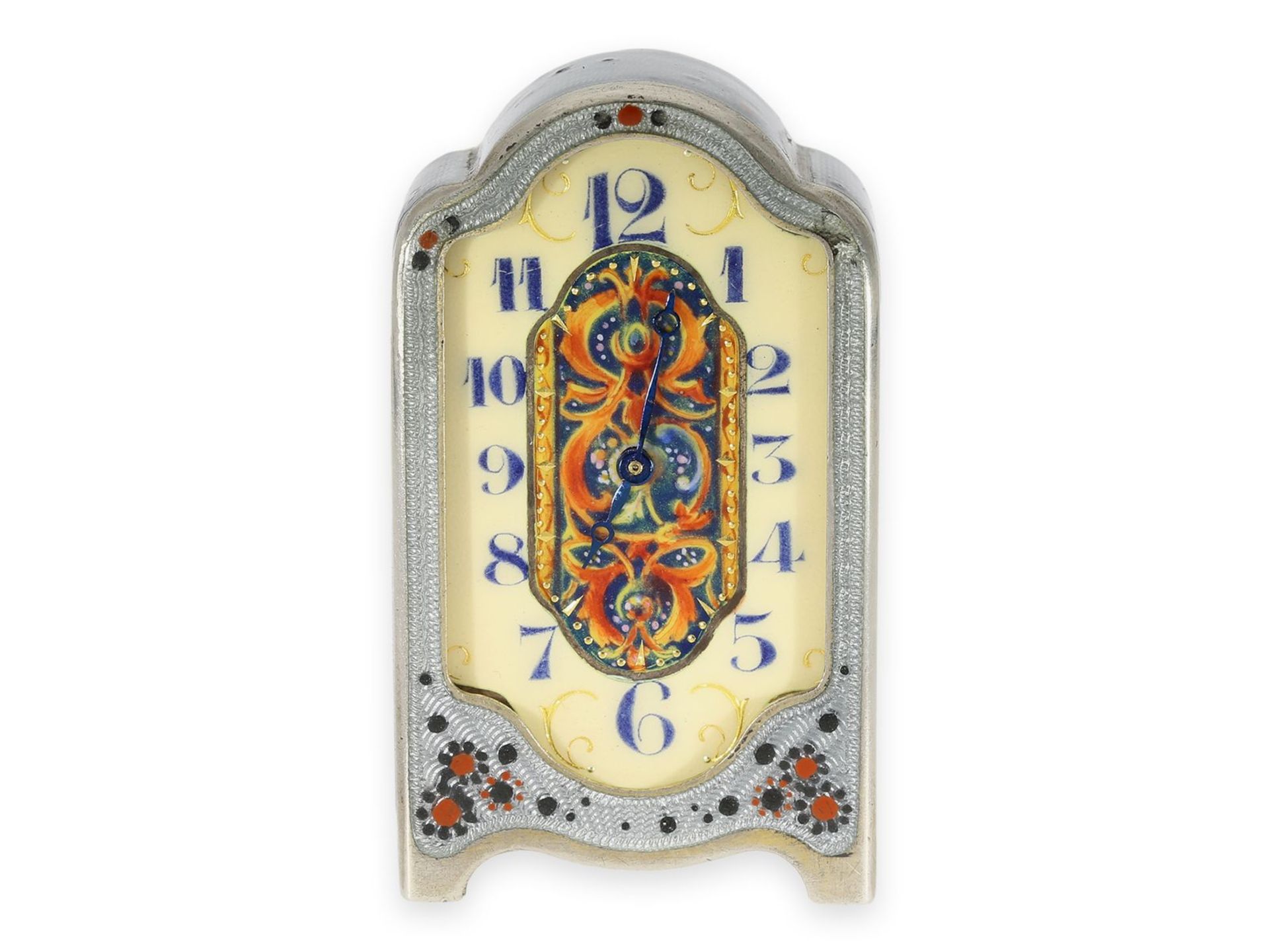 Reiseuhr: äußerst seltene Jugendstil-Miniatur-Reiseuhr mit Emaille/Silber-Gehäuse und einzigartigem 