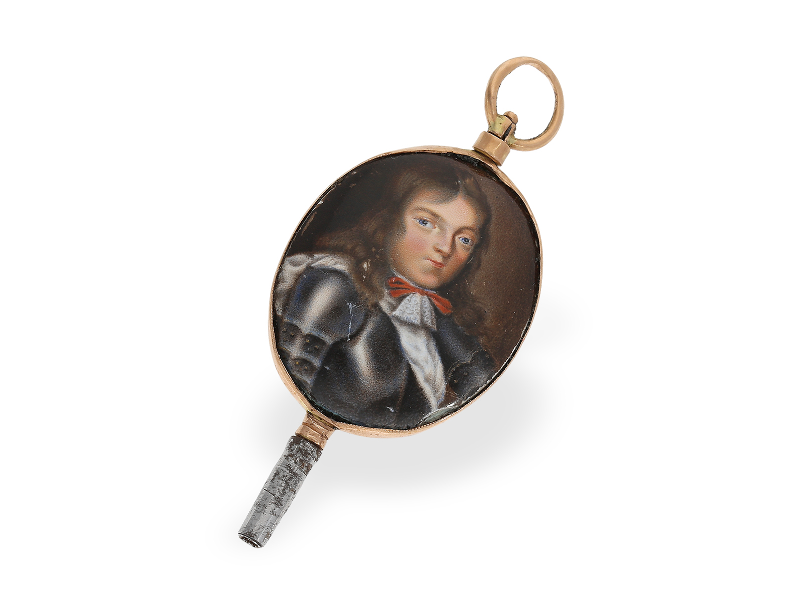 Watch key: extremely rare gold/enamel watch key with painting, possibly around 1750