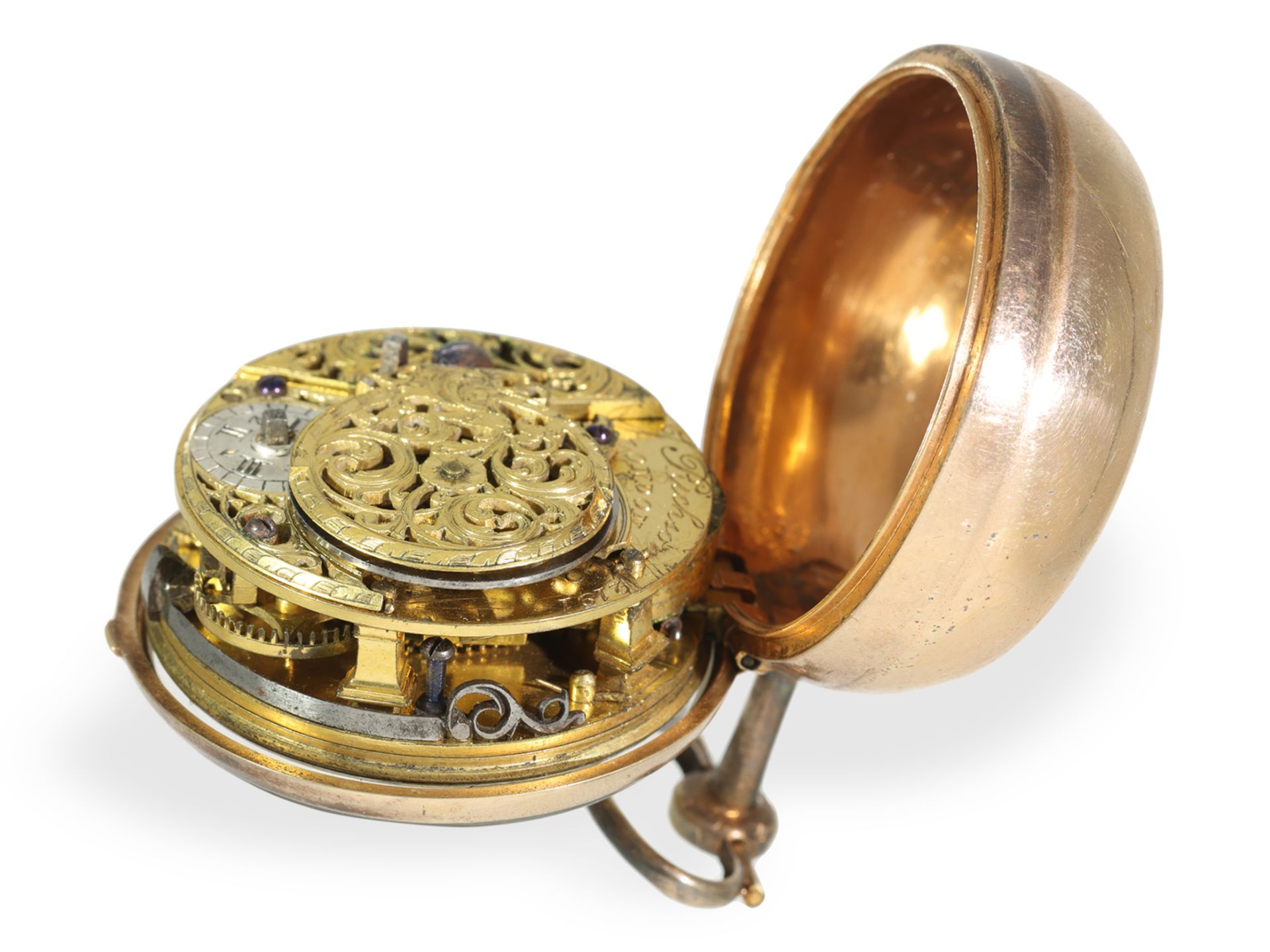 Pocket watch: unusual and very fine repoussé pair case verge watch ca. 1754 - Image 4 of 6