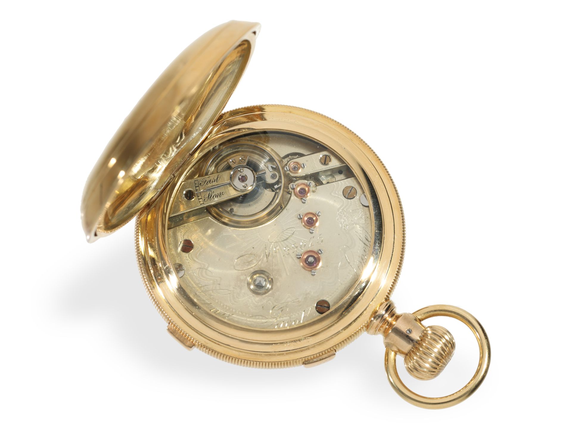 Taschenuhr: Sehr schwere Goldsavonnette mit Chronograph Rattrapante, Ankerchronometer Henry Jacot Lo - Bild 8 aus 8