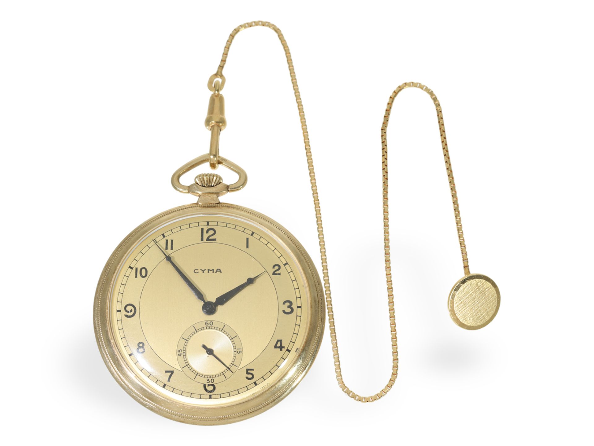 Taschenuhr: Art Deco Frackuhr im nahezu neuwertigen Zustand mit goldener Uhrenkette, um 1930