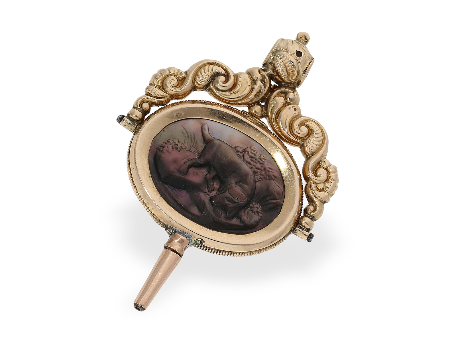 Watch key: extremely rare gold key with double-sided mother-of-pearl cameo, ca. 1820 - Image 2 of 2