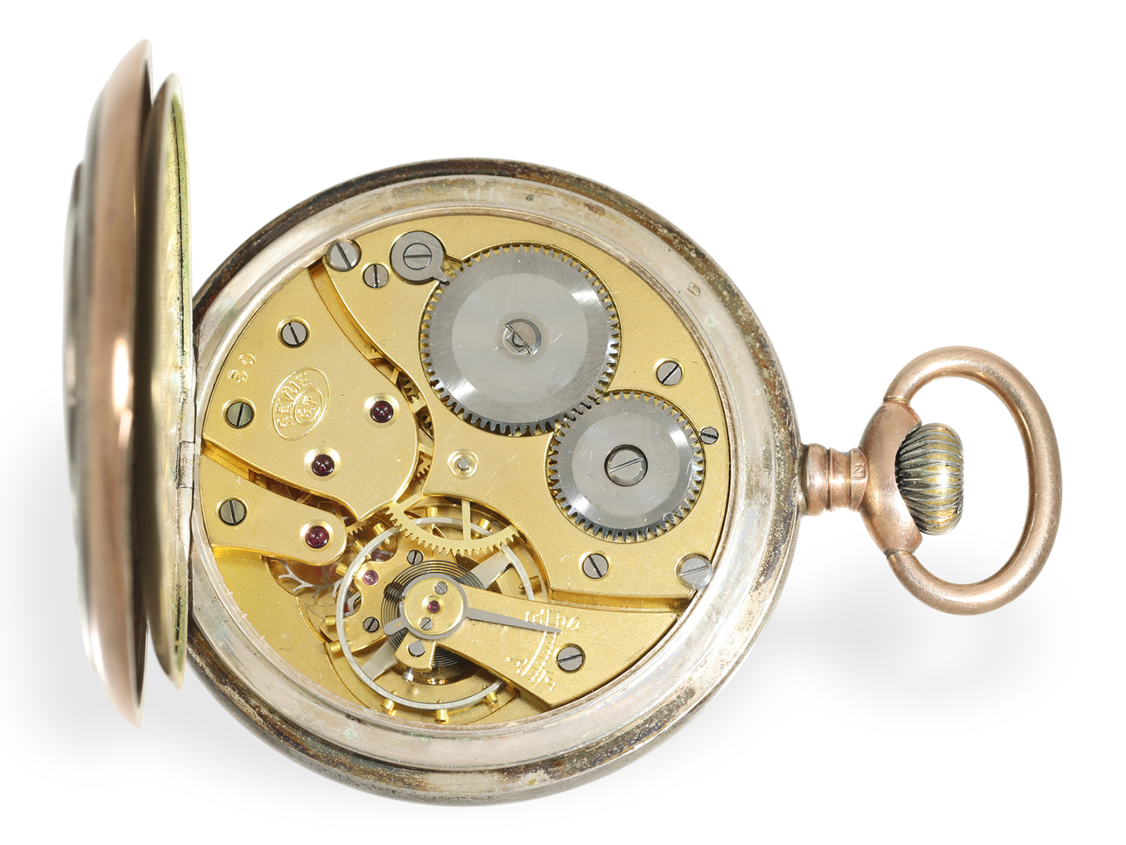 Very rare relief pocket watch with military motif, Huguenin/Revue, original label & box - Image 4 of 6