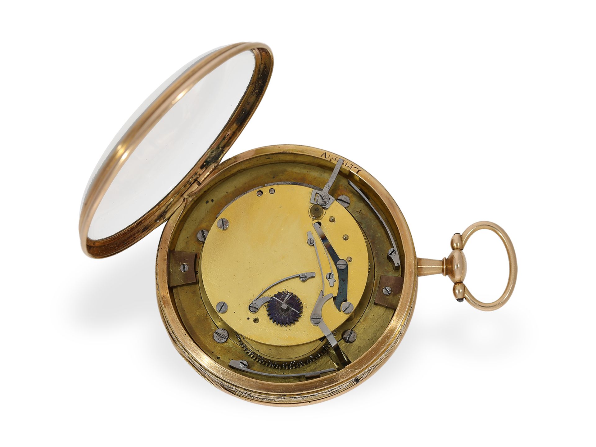 Taschenuhr: große, einzigartige Gold/Emaille-Taschenuhr mit Musikspielwerk, vermutlich Genf um 1800 - Bild 6 aus 9