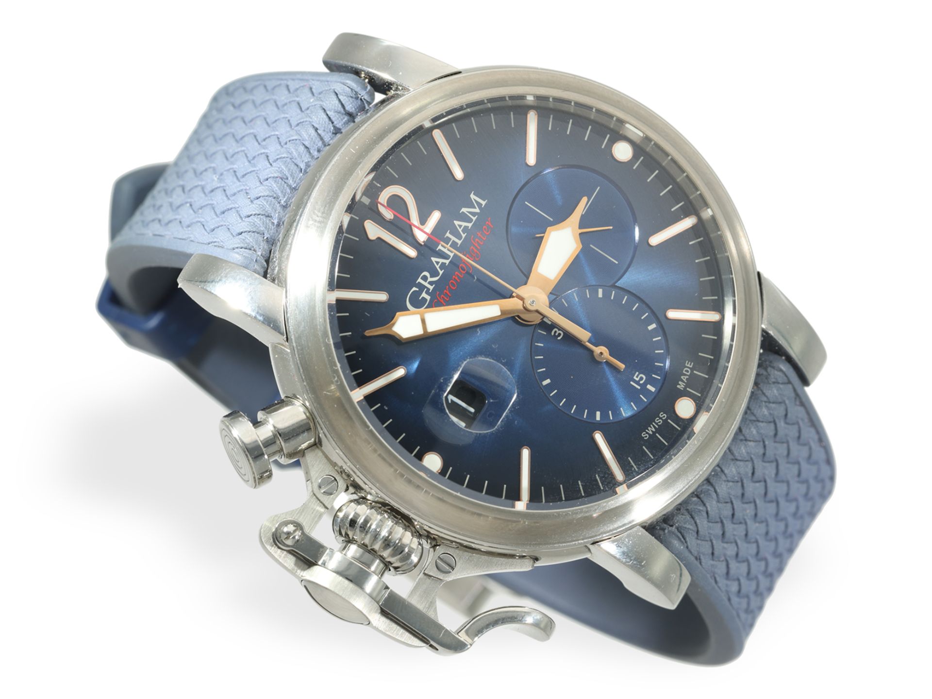 Wristwatch: like new oversize chronograph, Graham "Chronofighter Grand Vintage Left Hand" 2CVDS, ful - Image 3 of 9