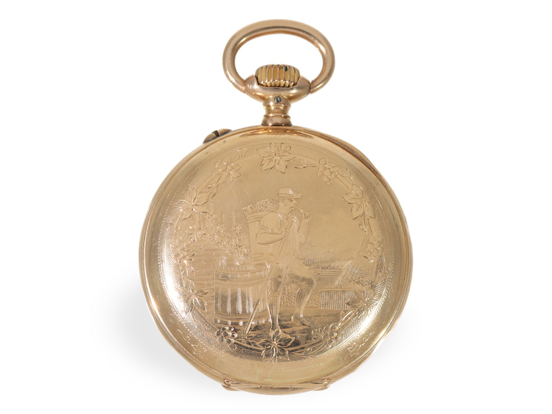 Taschenuhr: interessante, goldene IWC Herrenuhr mit fein gravierter Szene, ca. 1895 - Bild 2 aus 7