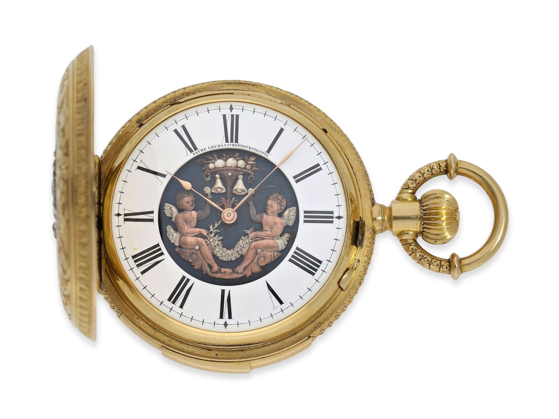 Pocket watch: extremely rare gold/enamel hunting case watch set with pearls and diamonds and figure  - Image 3 of 8