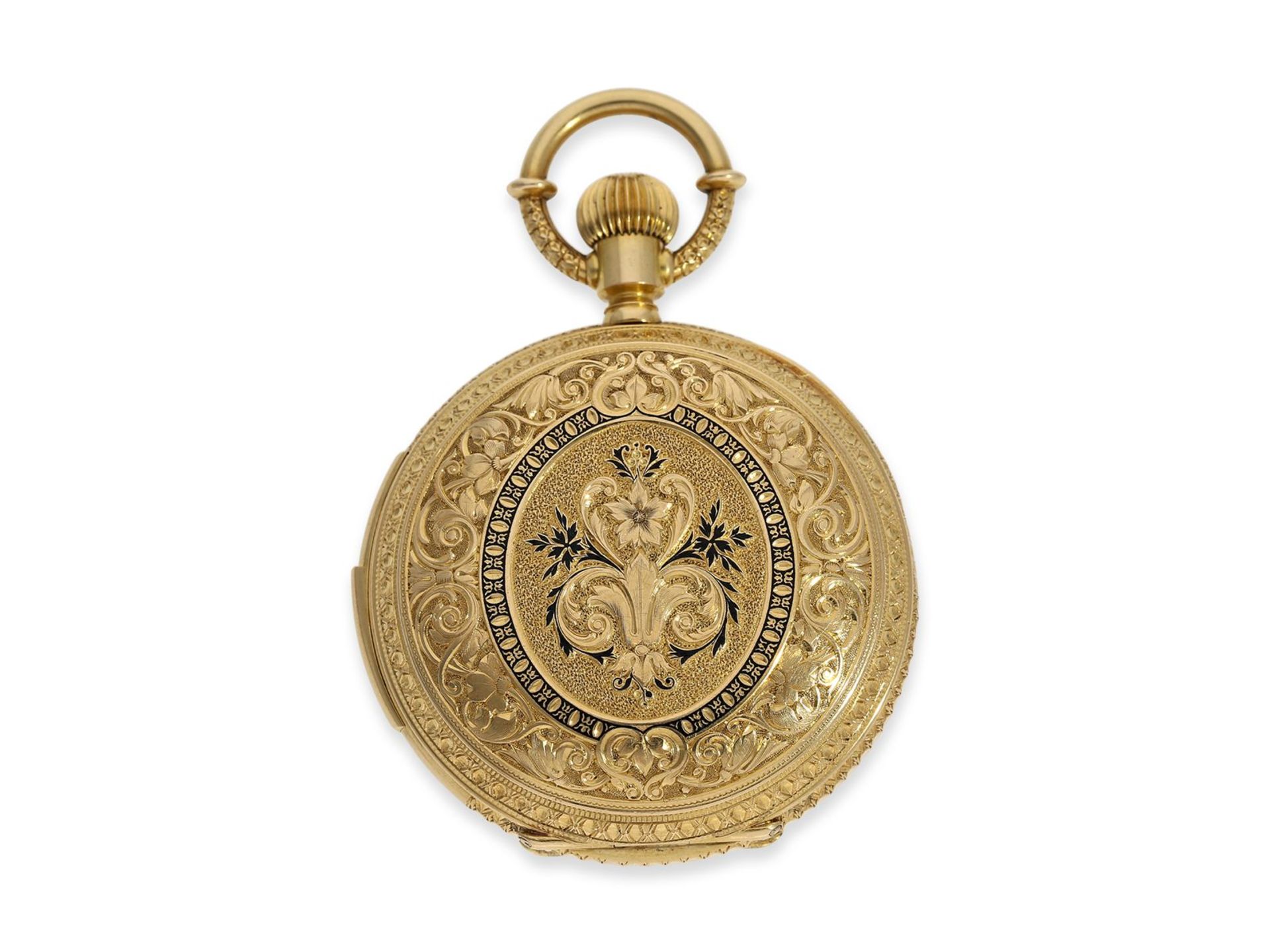 Pocket watch: extremely rare gold/enamel hunting case watch set with pearls and diamonds and figure  - Image 2 of 8