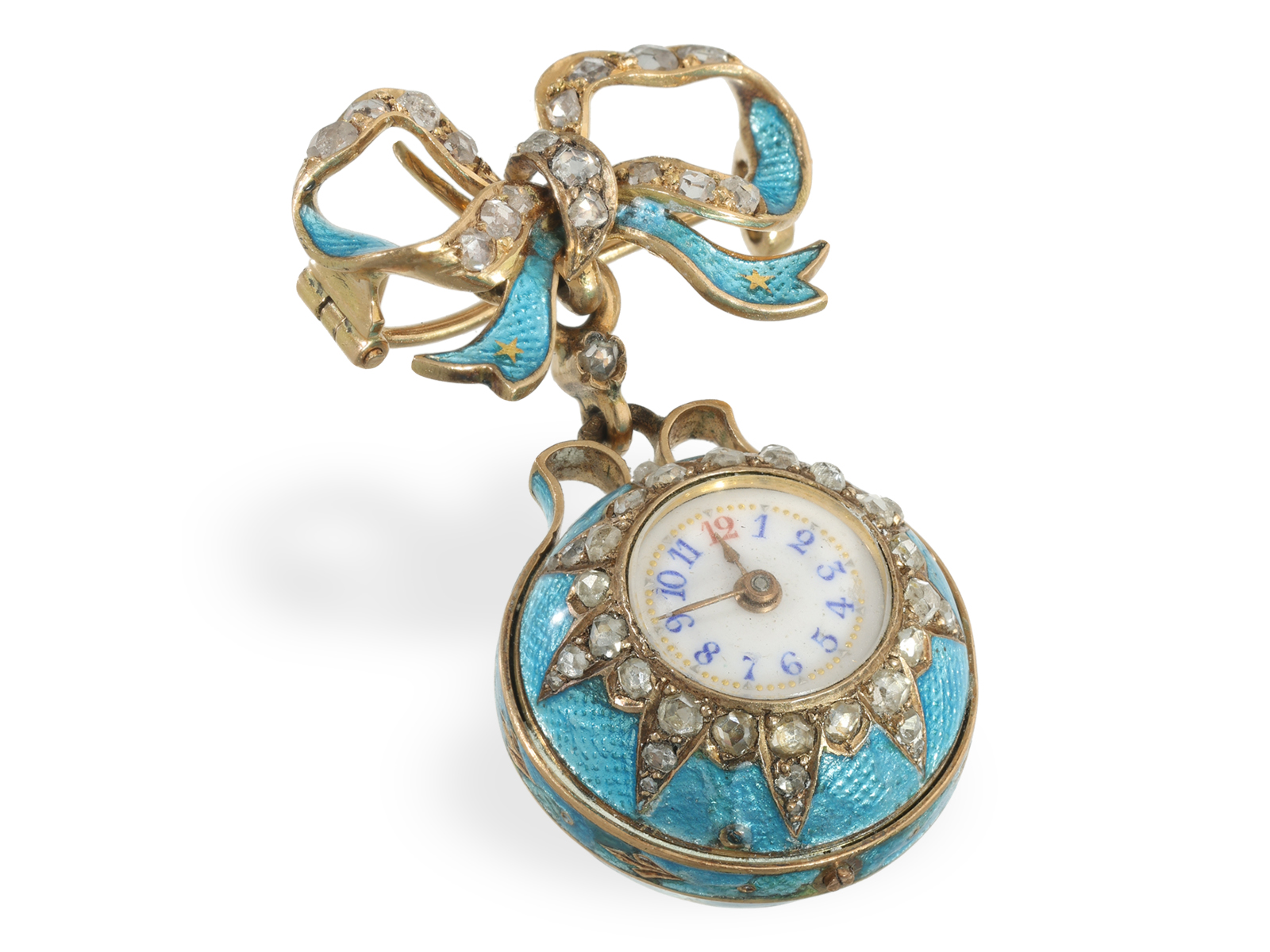 Pendant watch: gold/enamel form watch "Boule de Geneve" with original brooch and diamond setting, ca - Image 5 of 5