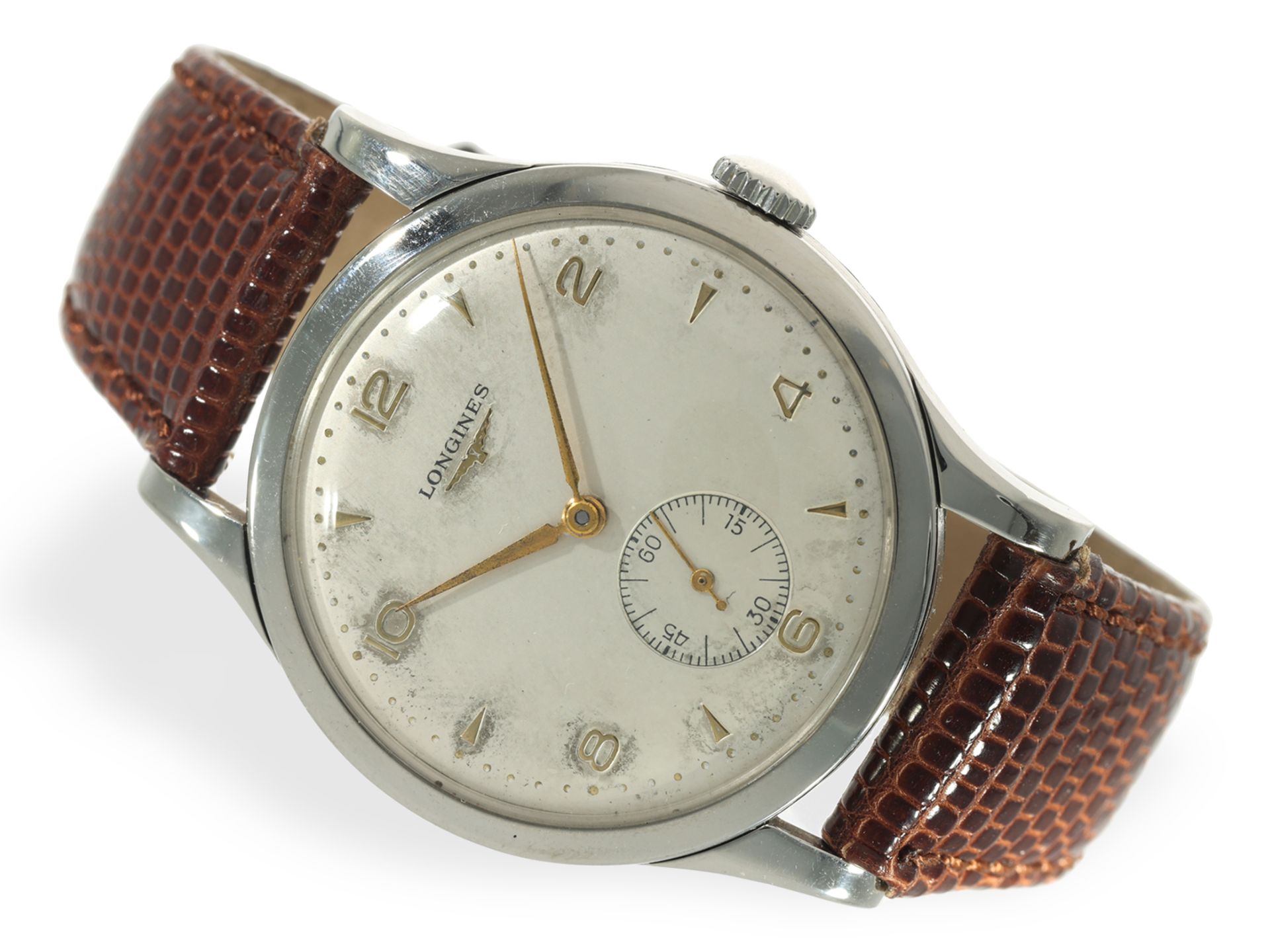 Armbanduhr: Longines oversize-37.5mm, Edelstahl, von 1951, mit Stammbuchauszug