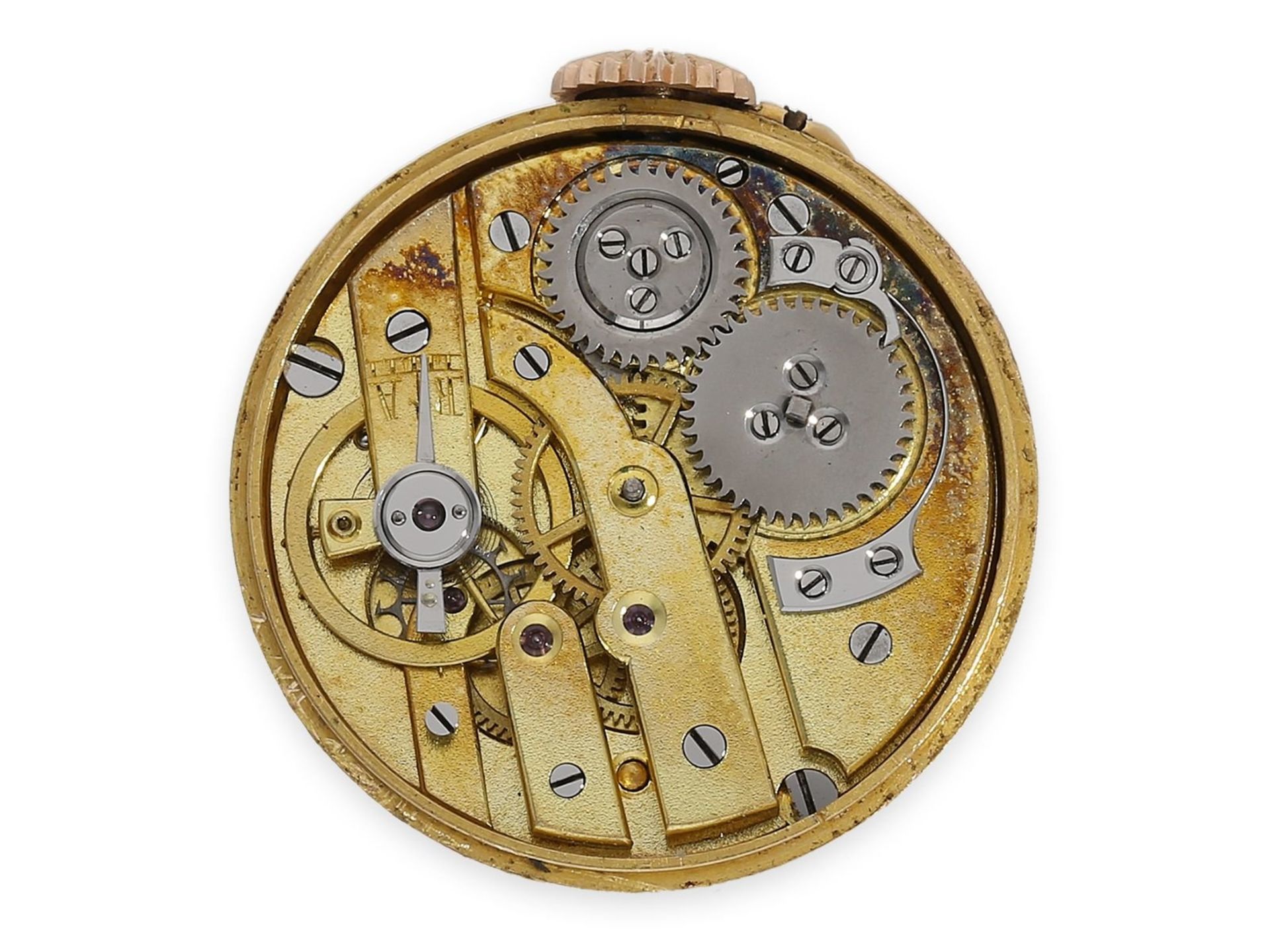 Knopfloch-Uhr: extrem rare Knopflochuhr in 18K Gold mit Diamant- und Rubinbesatz, punziert "bté s.g. - Bild 4 aus 5