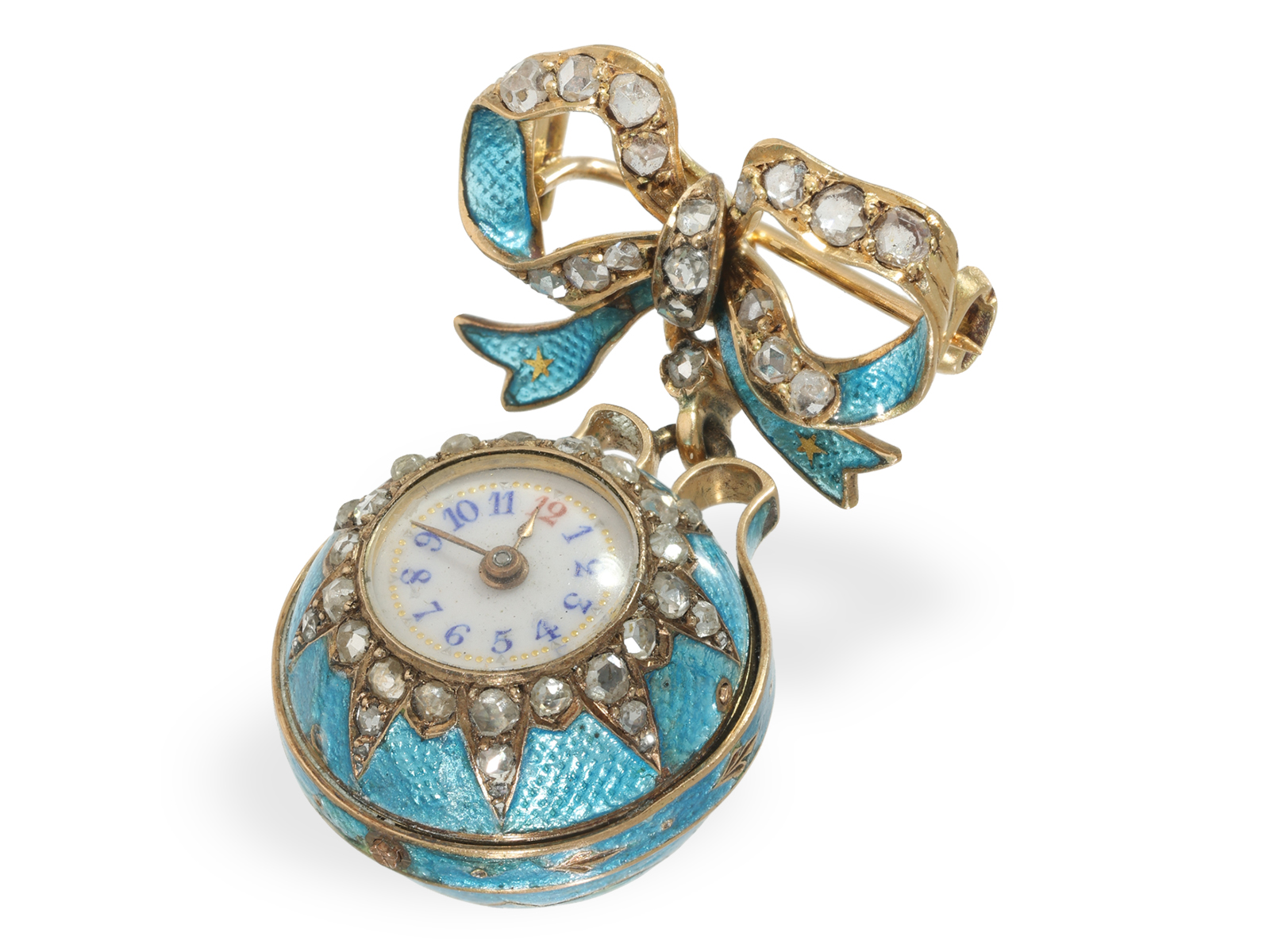 Pendant watch: gold/enamel form watch "Boule de Geneve" with original brooch and diamond setting, ca - Image 4 of 5