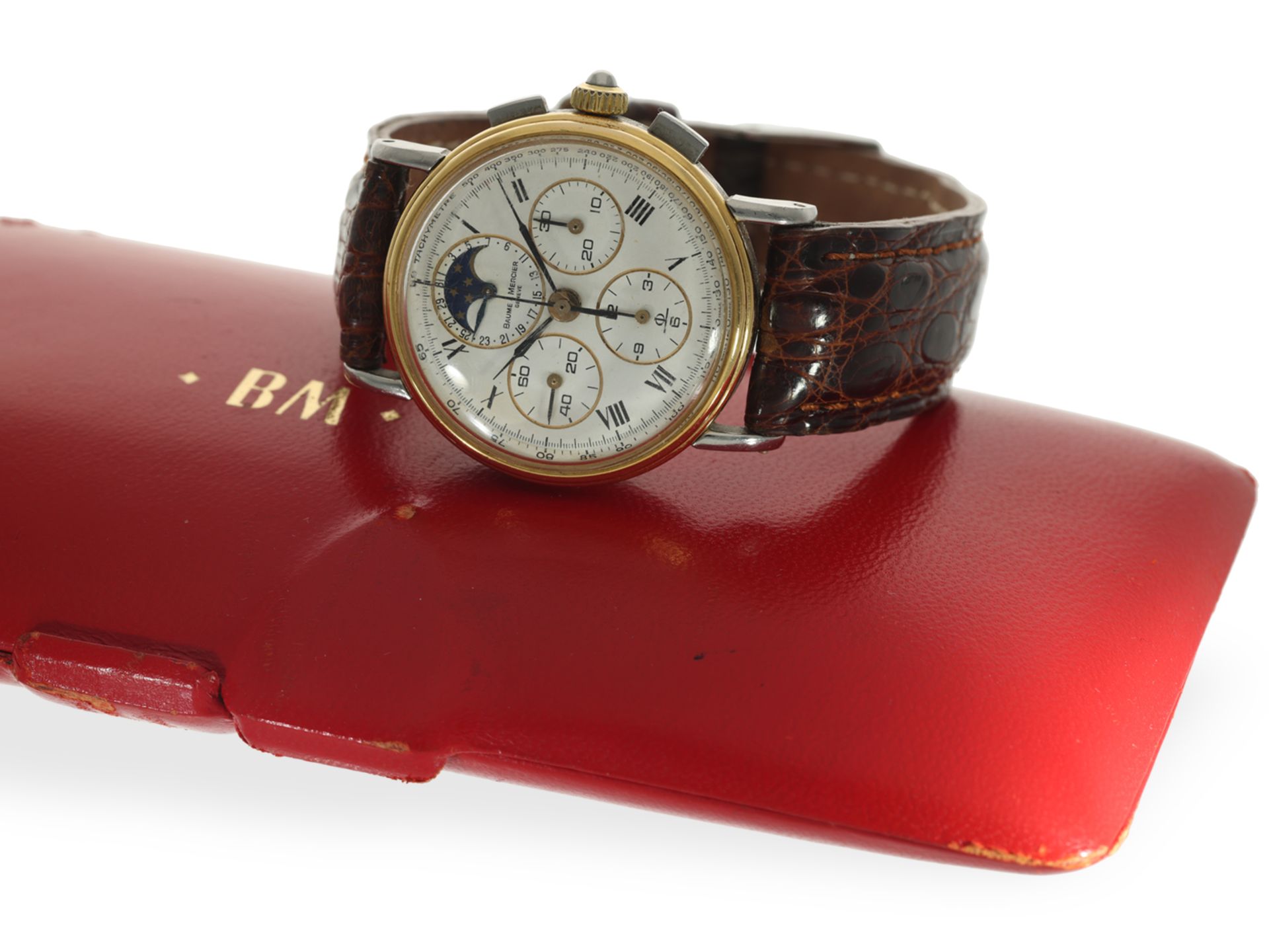 Armbanduhr: vintage Baume Mercier Geneve, Chronograph mit Mondphase, Originalbox